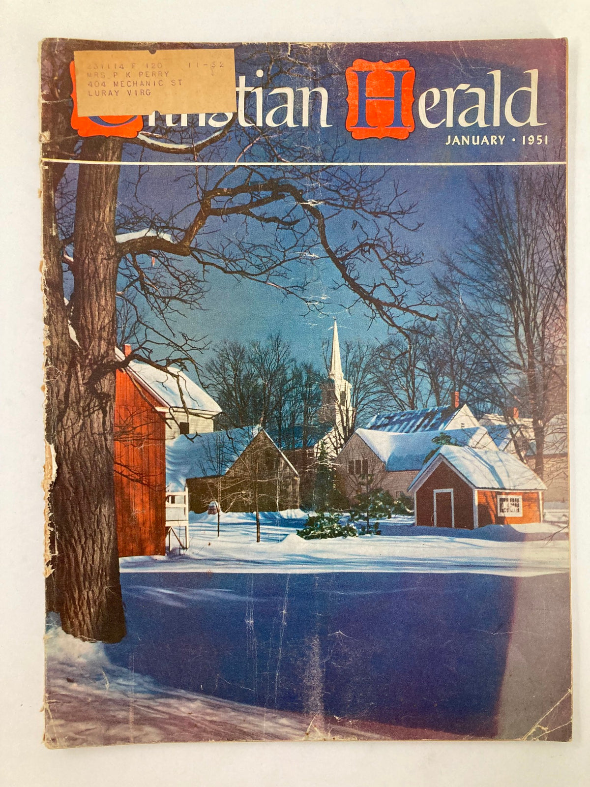 Cover of VTG Christian Herald Magazine January 1951 featuring a snowy landscape with a church steeple, showcasing the theme 'America Has Been Good To Me.' The magazine has an address label affixed and appears to have some wear.