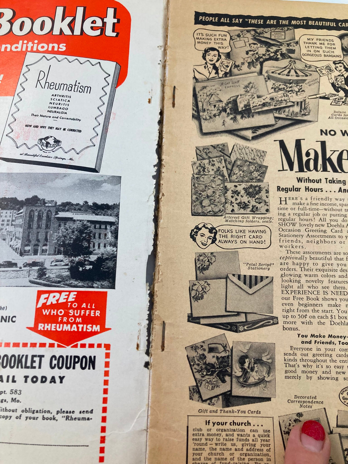 Inside view of the VTG Christian Herald Magazine January 1951 showing advertisements and historical content. Illustrates the cultural context of the early 1950s.