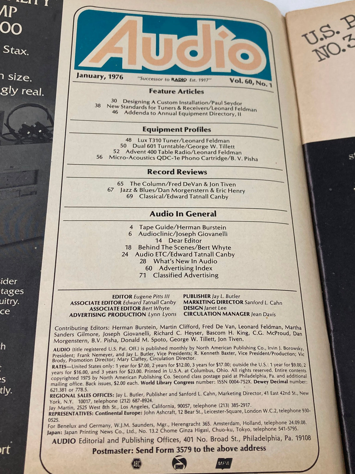 Contents page of VTG Audio Magazine, January 1976, Volume 60, Issue 1, outlining feature articles and equipment profiles related to audio systems.