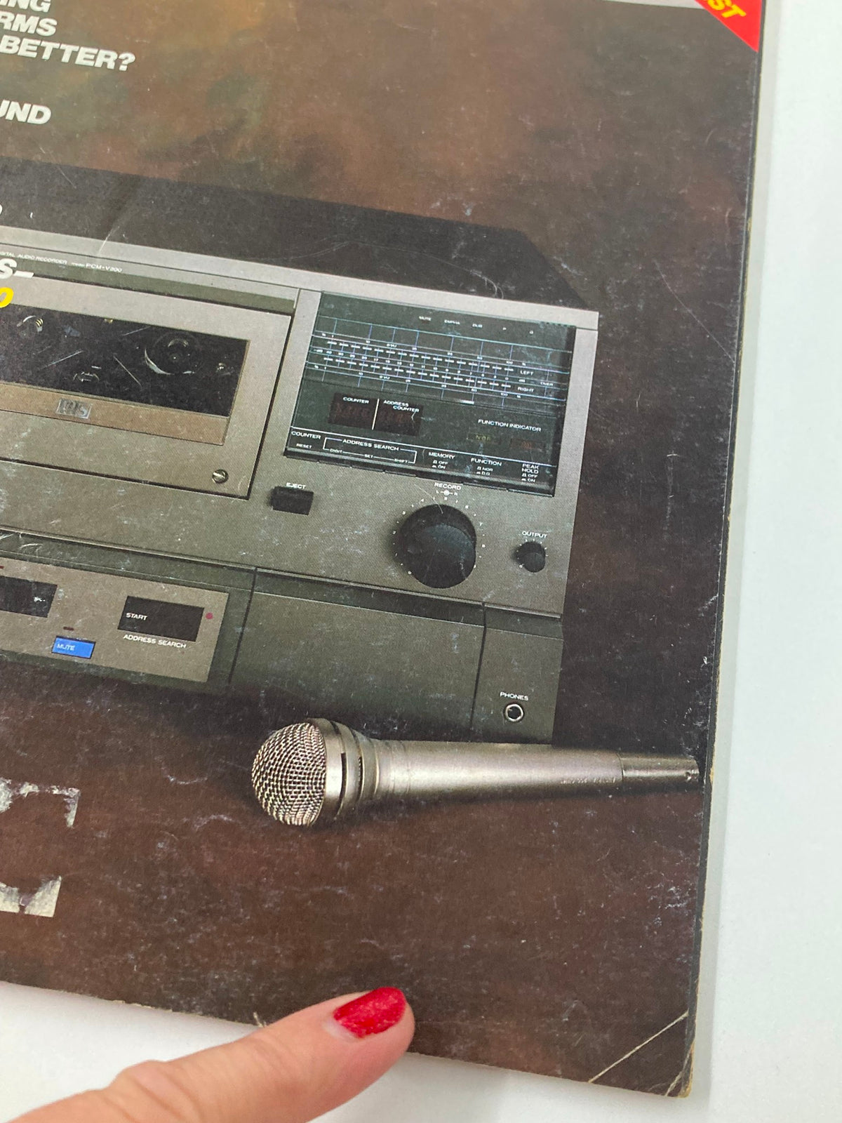 Close-up of the VTG Audio Magazine June 1982, Volume 66, Issue #6 emphasizing Hitachi's PCM-V300 Digital Audio Recorder and microphone details.