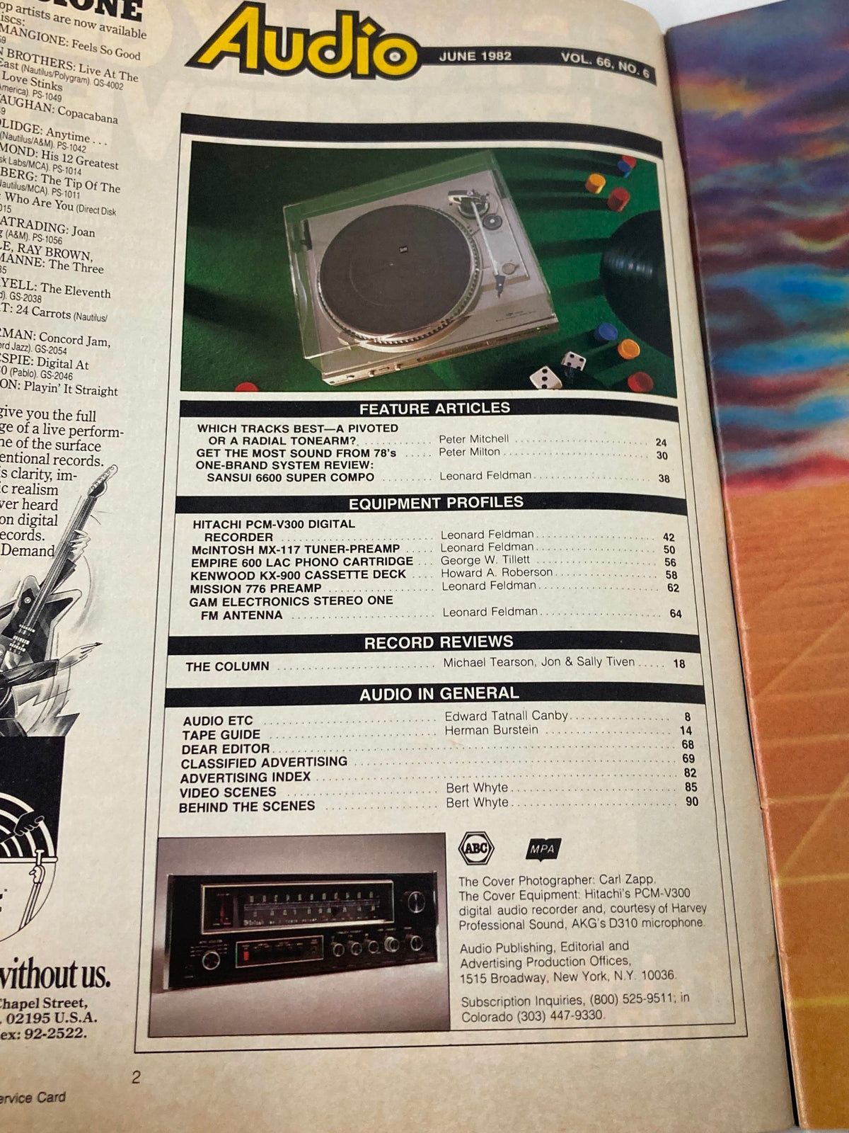 Contents page of VTG Audio Magazine June 1982, Volume 66, Issue #6 listing articles on Hitachi's PCM-V300 Digital Audio Recorder and other audio equipment.