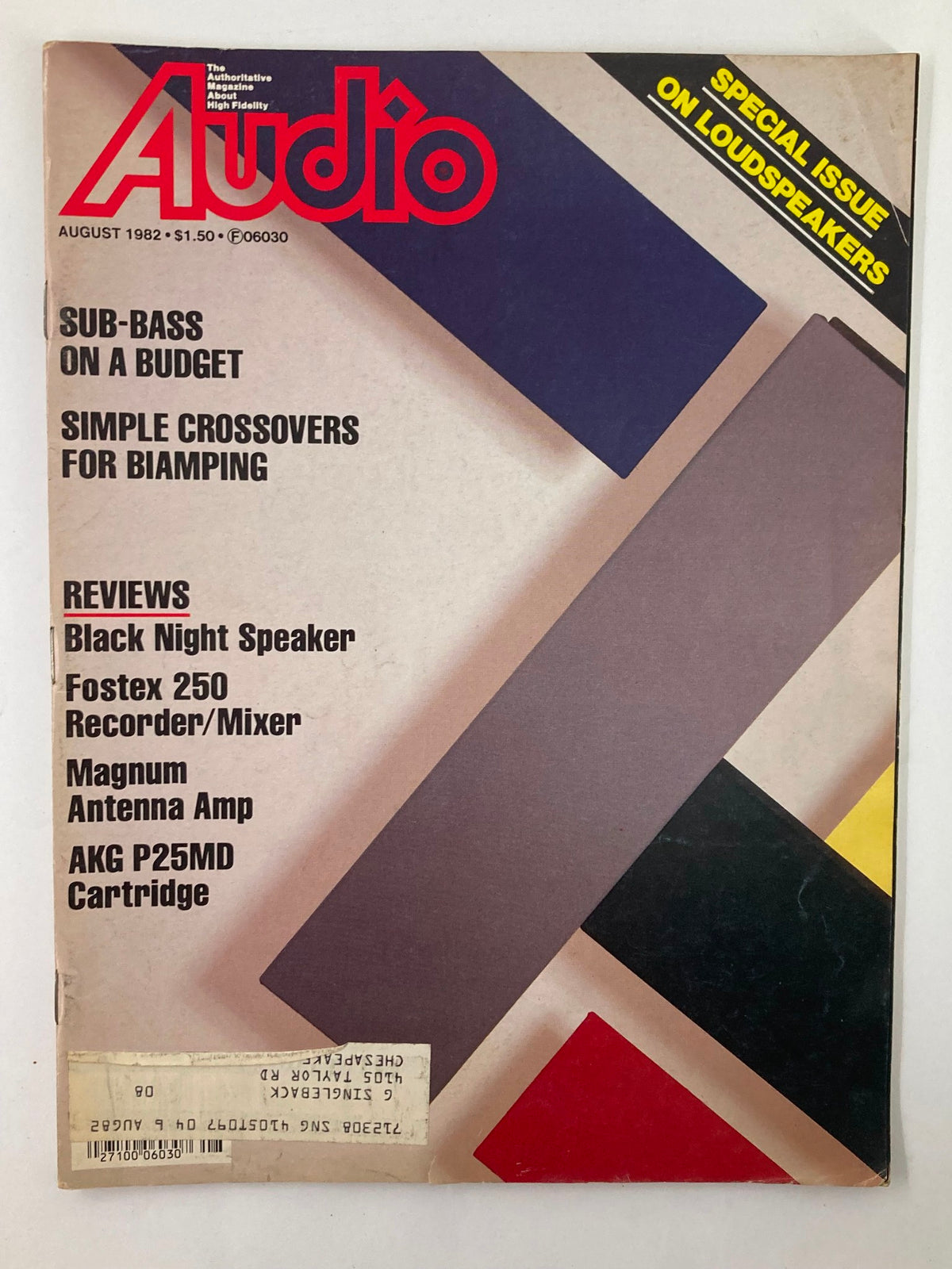 Cover of Vintage Audio Magazine August 1982 featuring Black Acoustics Night Loudspeakers, with articles on audio technology trends and reviews.