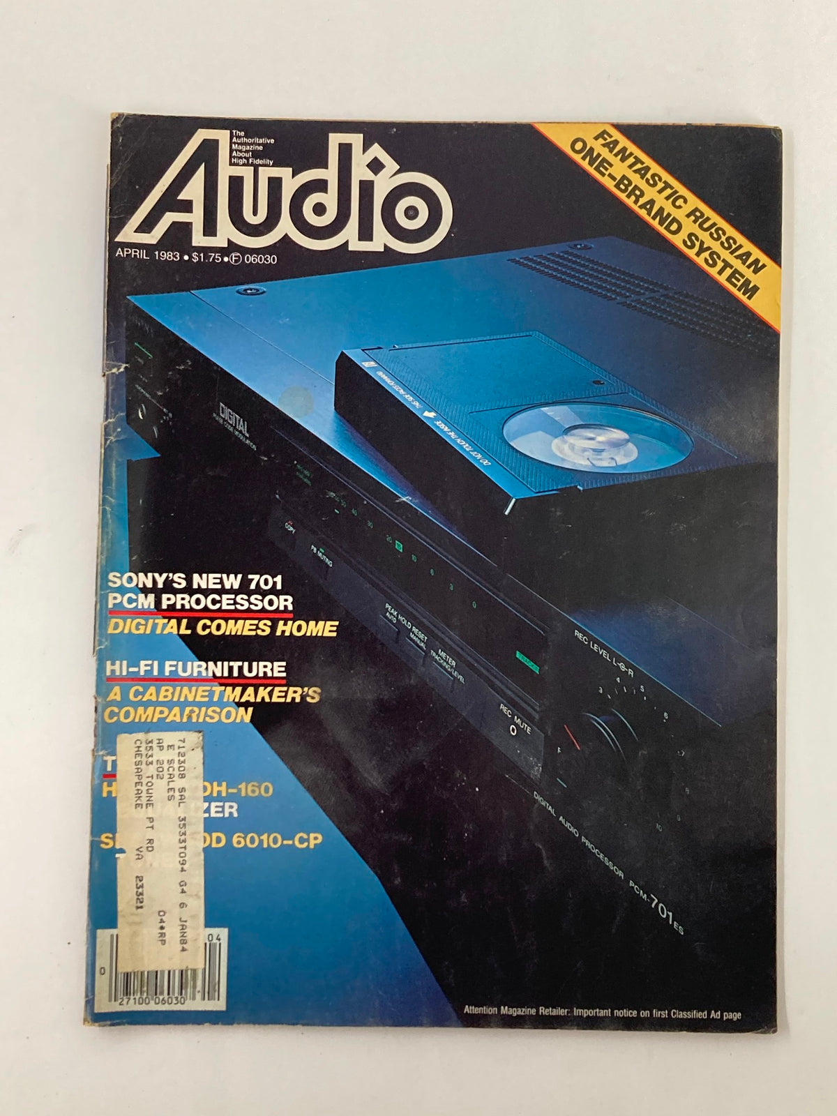 Cover of VTG Audio Magazine April 1983 Vol 67 #4 featuring Sony PCM-701 Digital Audio Processor with detailed headlines and a vibrant design.