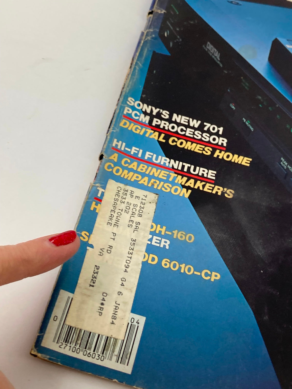Side view of the VTG Audio Magazine April 1983 Vol 67 #4 showing the corner and address label on the cover featuring Sony PCM-701 Digital Audio Processor.