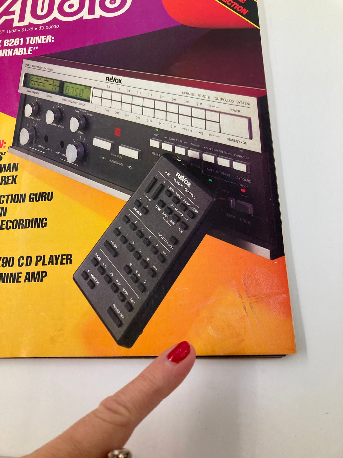 Detailed view of the Vintage Audio Magazine December 1983 cover highlighting the Revox B261 Tuner, with remote control and features printed on a colorful background.