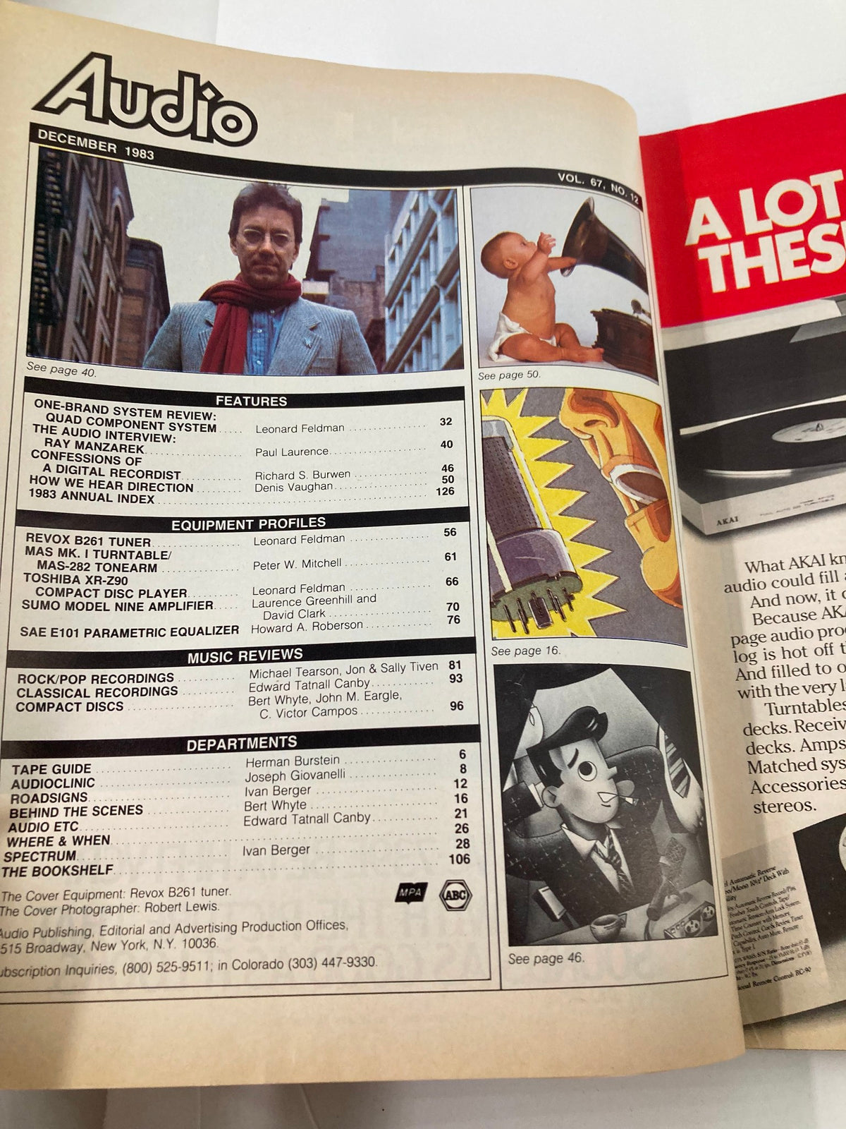 Inside page of Vintage Audio Magazine December 1983, Volume 67, Issue 12, displaying features and a list of articles including Revox B261 Tuner profile.