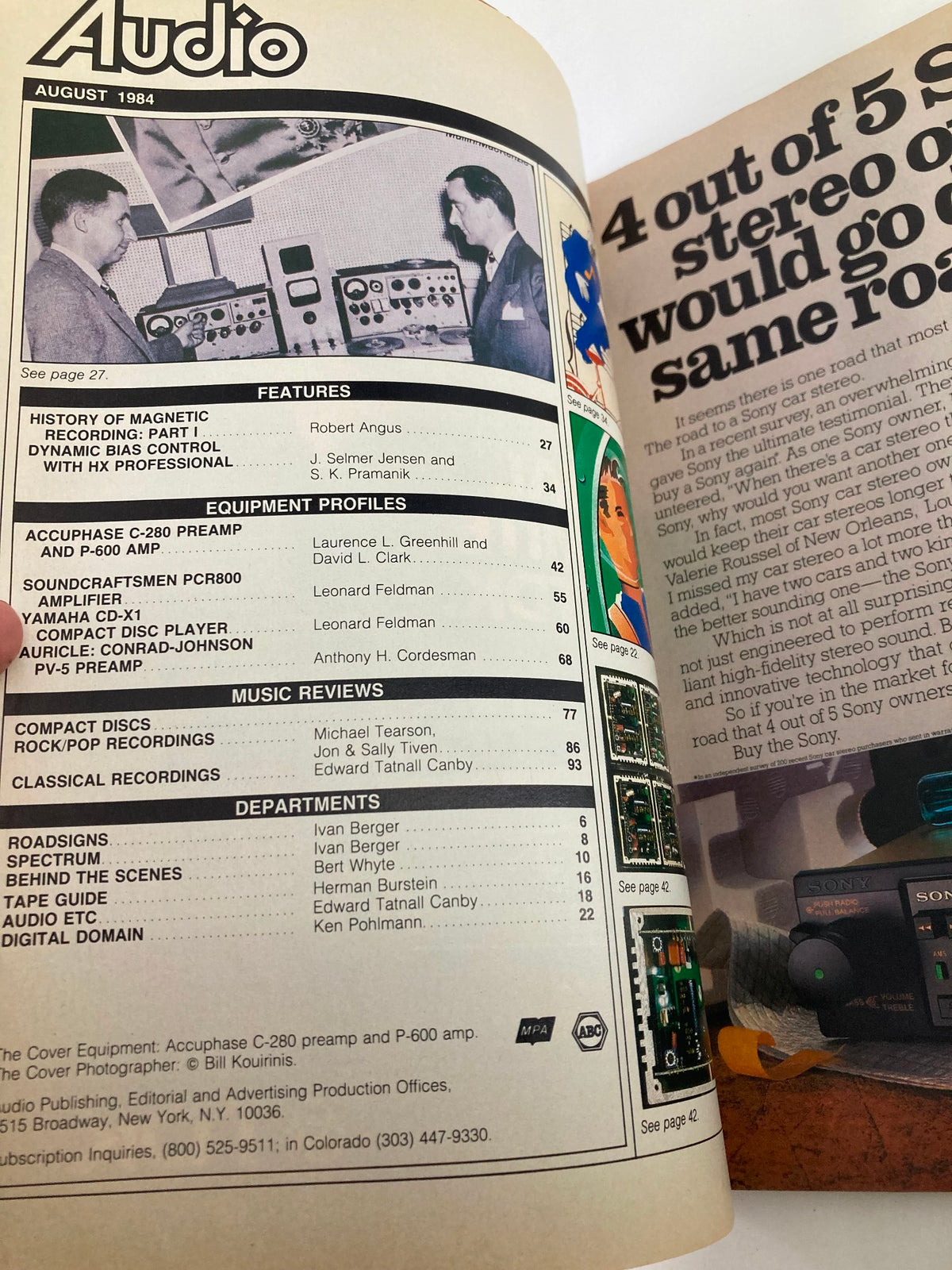 Cover page of VTG Audio Magazine August 1984 featuring contents including Accuphase C-280 Preamp & P-600 Amp equipment, with articles on history of recording and music reviews.