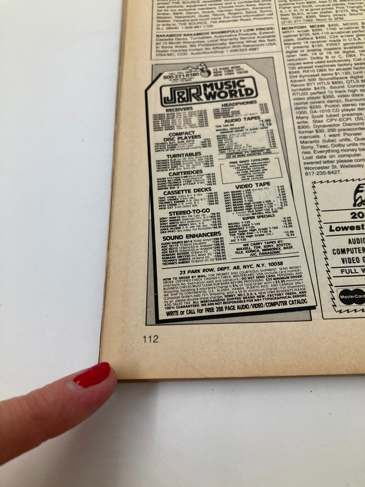 Another close-up of an advertisement page from VTG Audio Magazine August 1984 featuring products available at J&R Music World, including sound enhancers and audio tapes.