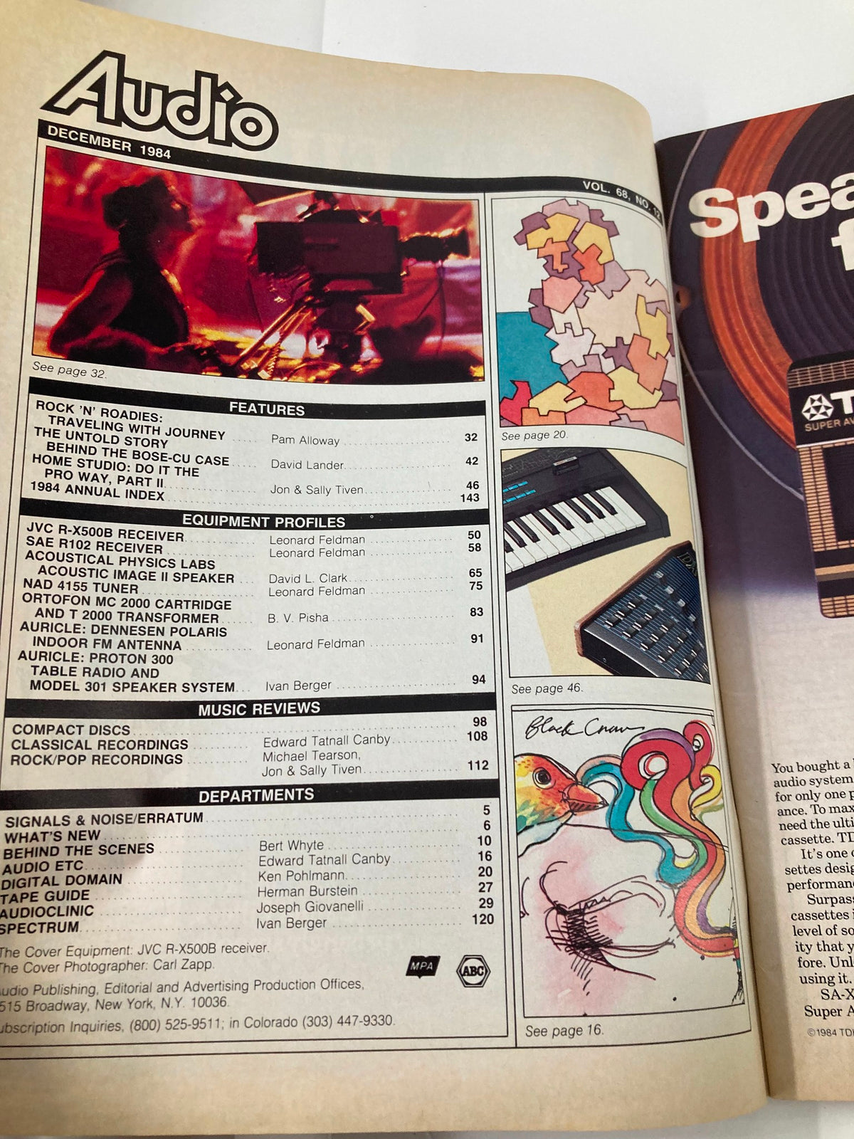 Table of contents from Vintage Audio Magazine December 1984, Volume 68 #12, including articles related to the JVC R-X500B Receiver and music industry trends.