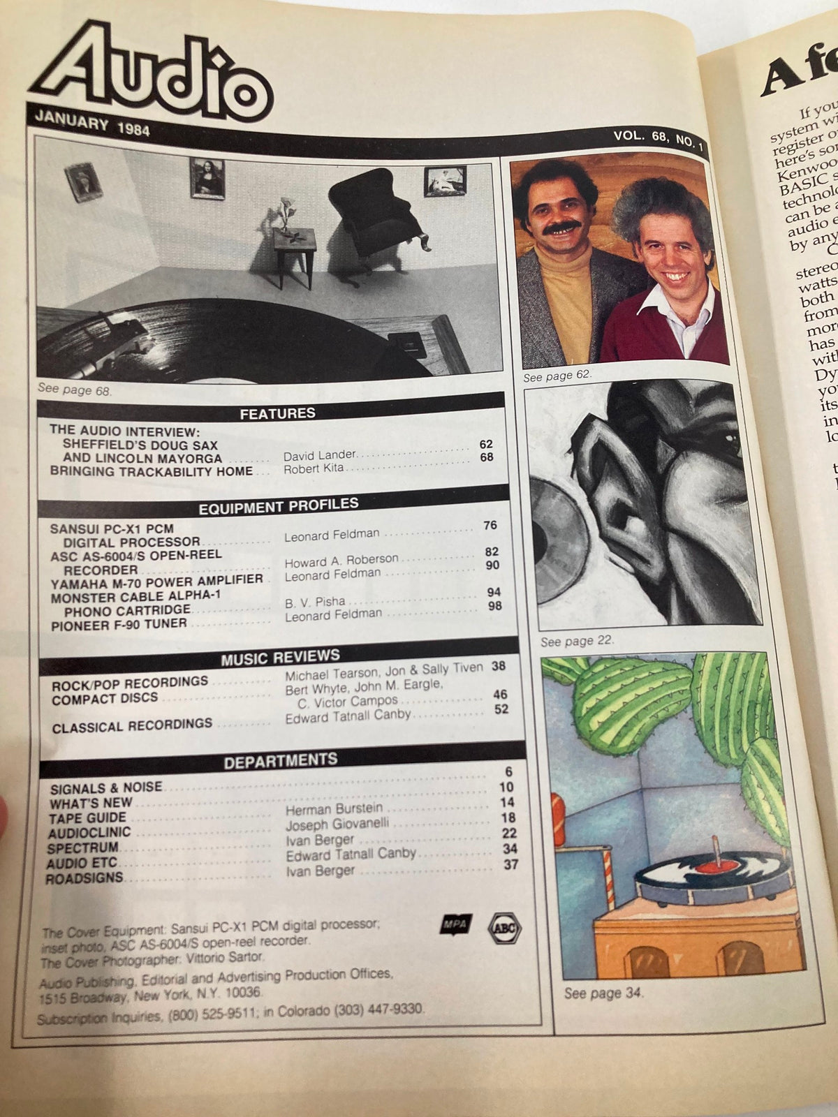 Contents page of VTG Audio Magazine January 1984 Vol 68 #1, highlighting features including Sansui PC-X1 PCM Digital Processor and articles on audio innovation.