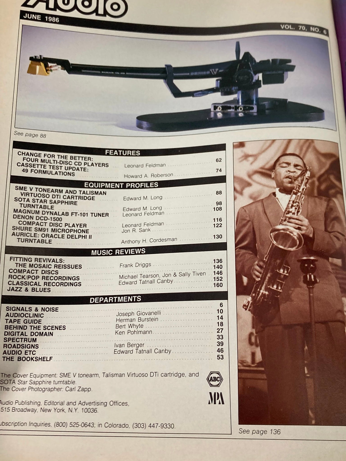 Cover of Audio Magazine, June 1986, Volume 70, Number 6 featuring the SME V Tonearm and Talisman Virtuoso DTi cartridge, including detailed contents on audio equipment profiles and music reviews.