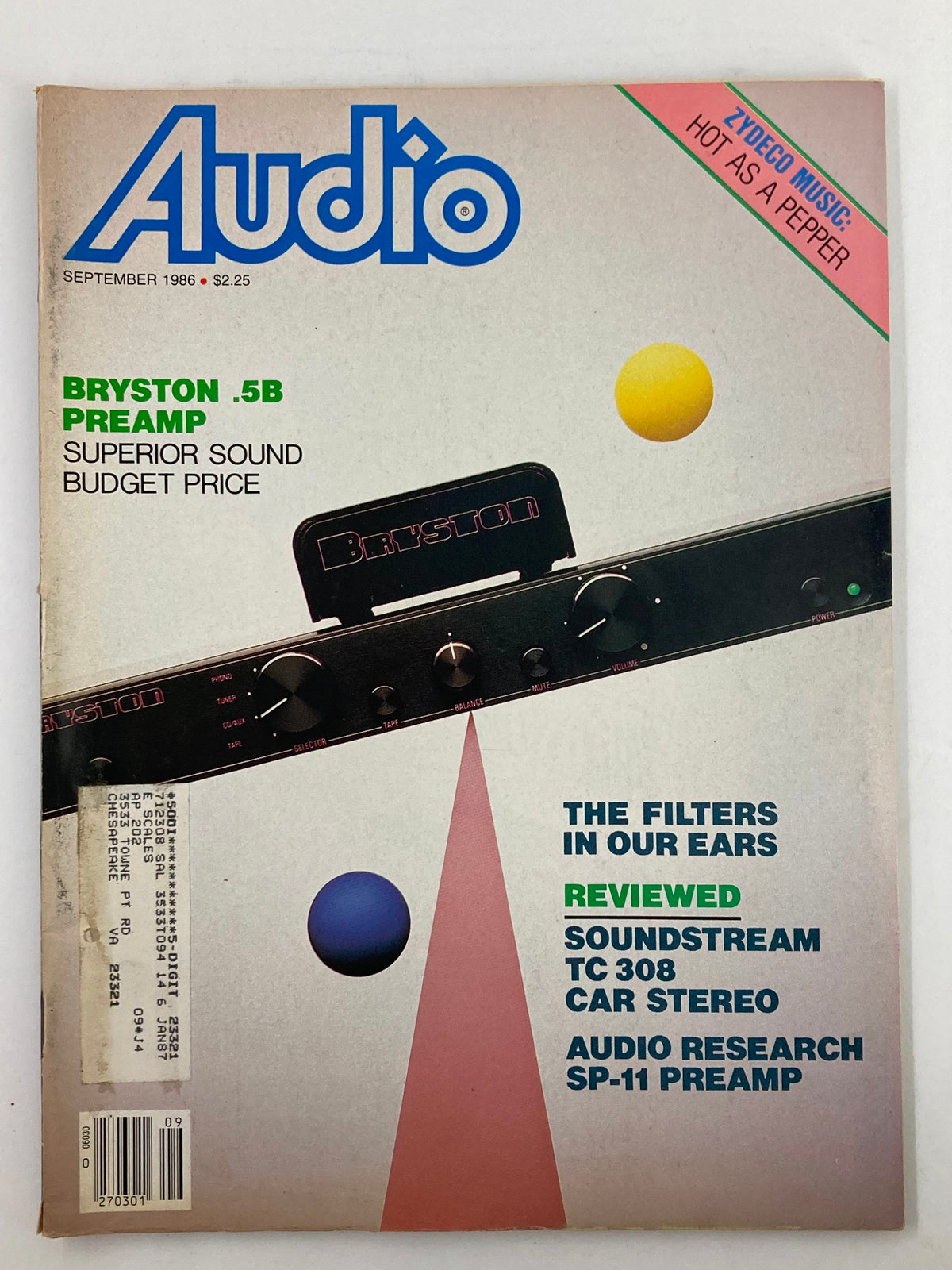 Cover of VTG Audio Magazine September 1986 Vol 70 #9 featuring the Bryston 5B Preamp. The cover highlights superior sound quality with a modern design, showcasing colorful geometric shapes and text that emphasizes the featured products and reviews.