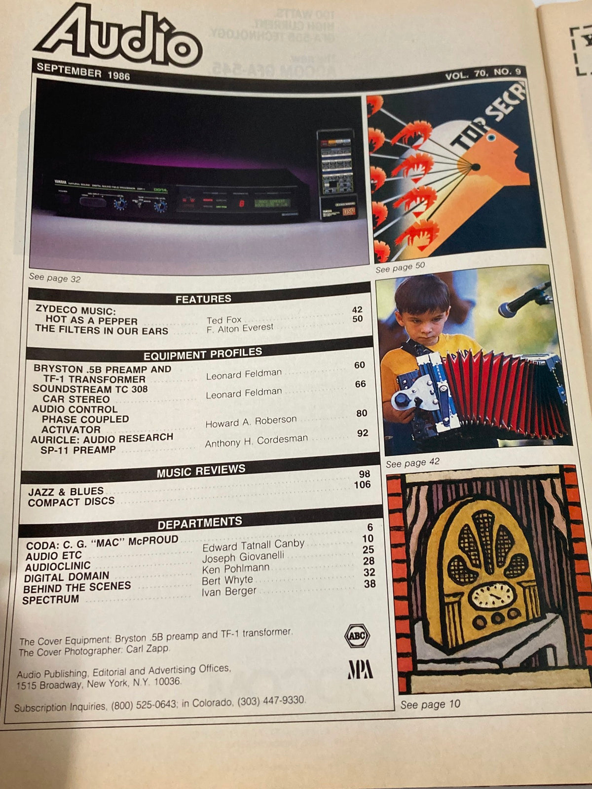 Cover of VTG Audio Magazine September 1986 Volume 70 Issue #9 featuring articles on the Bryston 5B Preamp and TF-1 Transformer, with a layout displaying various audio equipment and features.