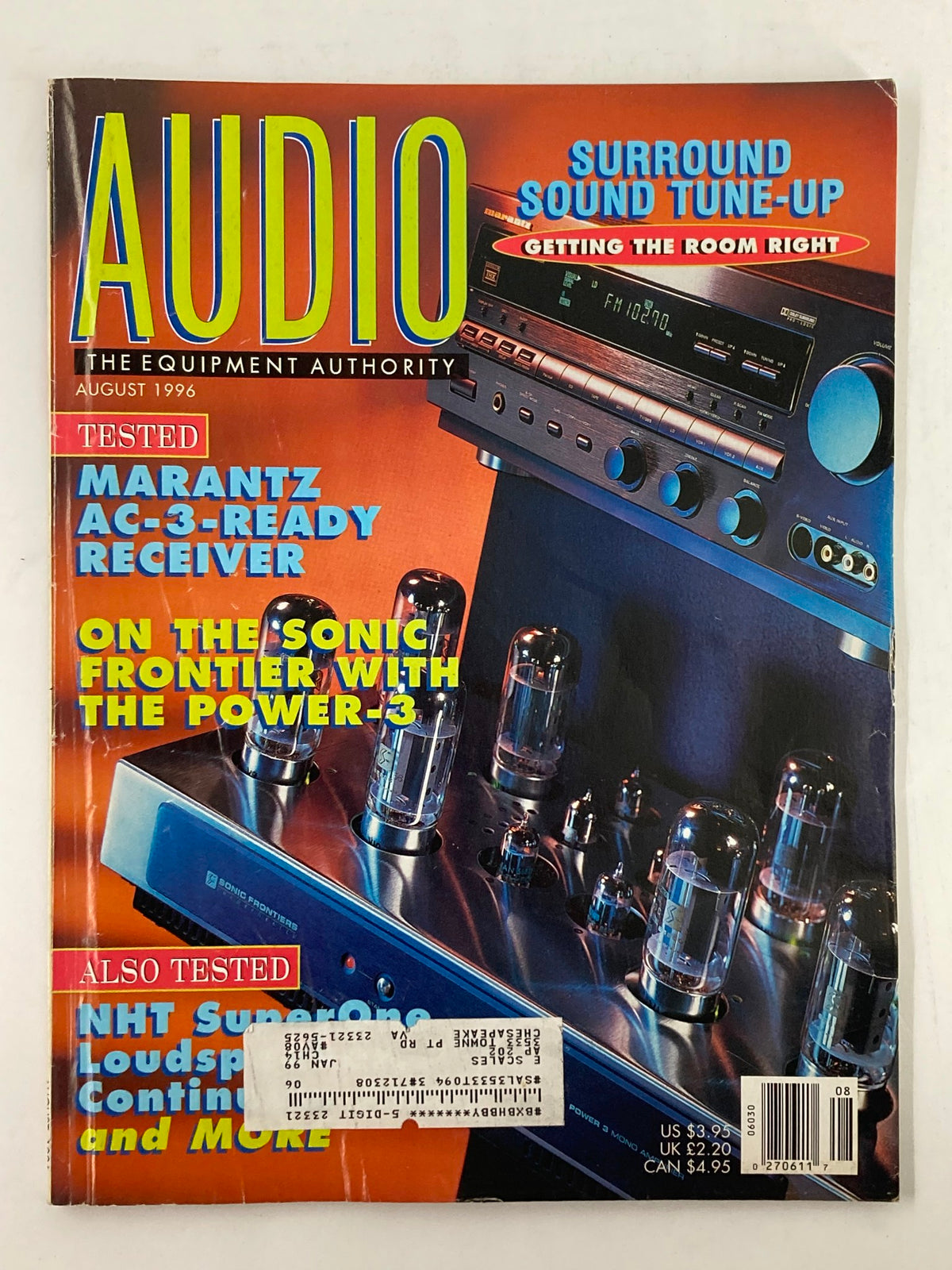 Cover of Audio Magazine August 1996 Vol 80 #8 featuring Marantz SR-96 Audio Video Receiver. The cover highlights sound equipment and includes an advertisement on surround sound tuning.