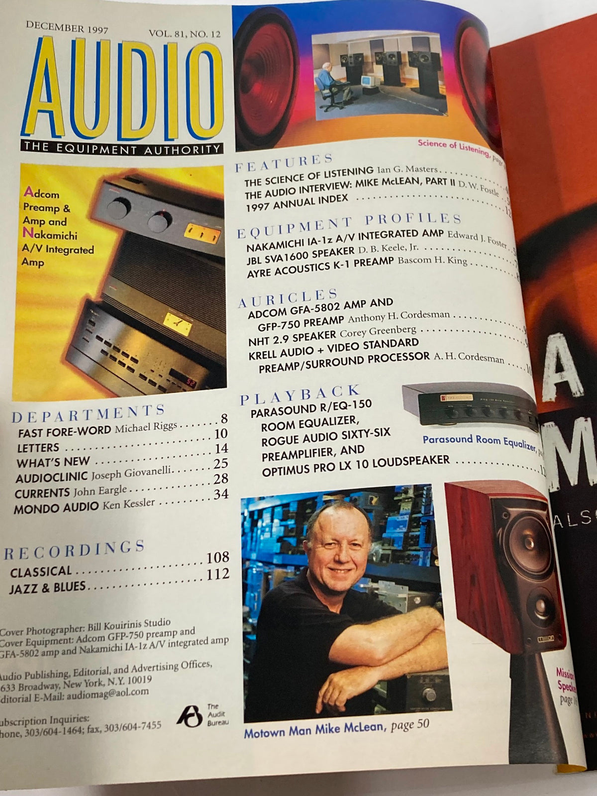 Table of contents from Audio Magazine December 1997, Volume 81, Issue #12 including features on equipment profiles and audio expert Mike McLean.