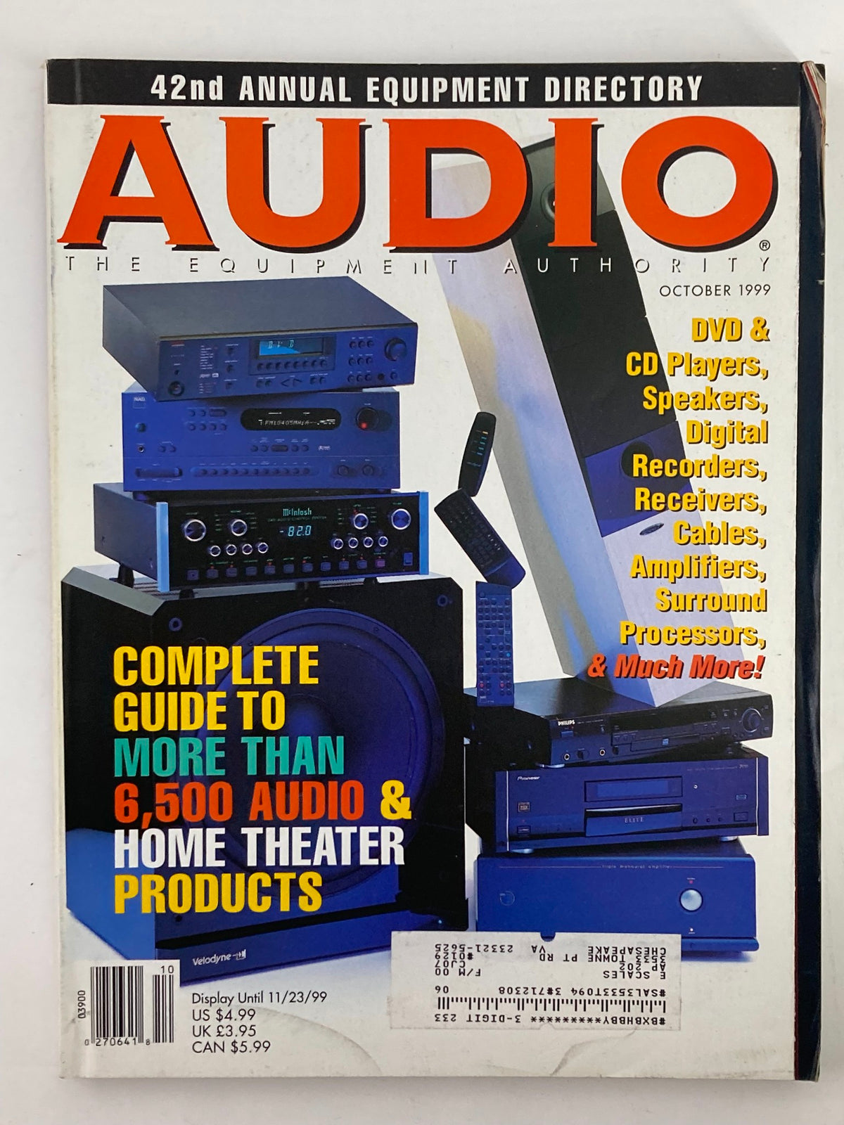 Cover of Audio Magazine October 1999 Vol 83 #9 featuring audio equipment and surround sound technology, highlighting the complete guide to over 6,500 audio and home theater products.