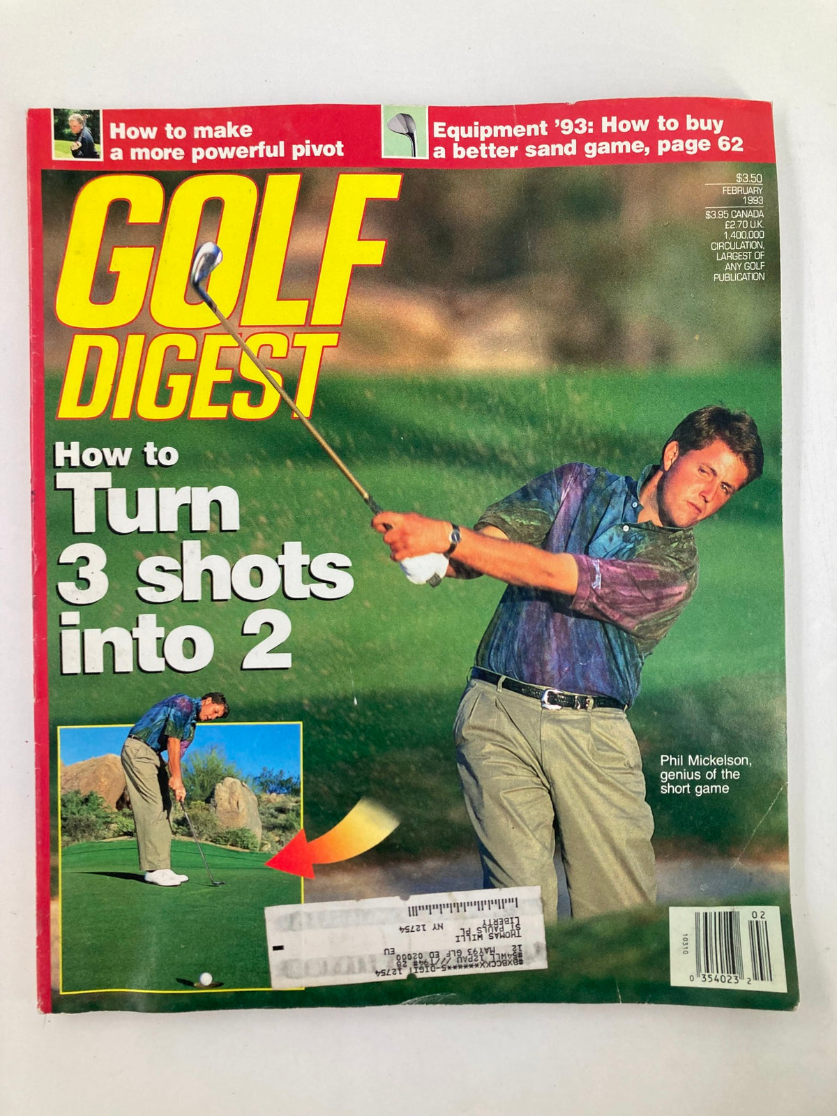 Cover of Golf Digest Magazine February 1993 Vol 44 #2 featuring an image of Phil Mickelson with the headline 'How to Turn 3 Shots into 2.' The magazine showcases insights into golf strategies and includes features from that era.