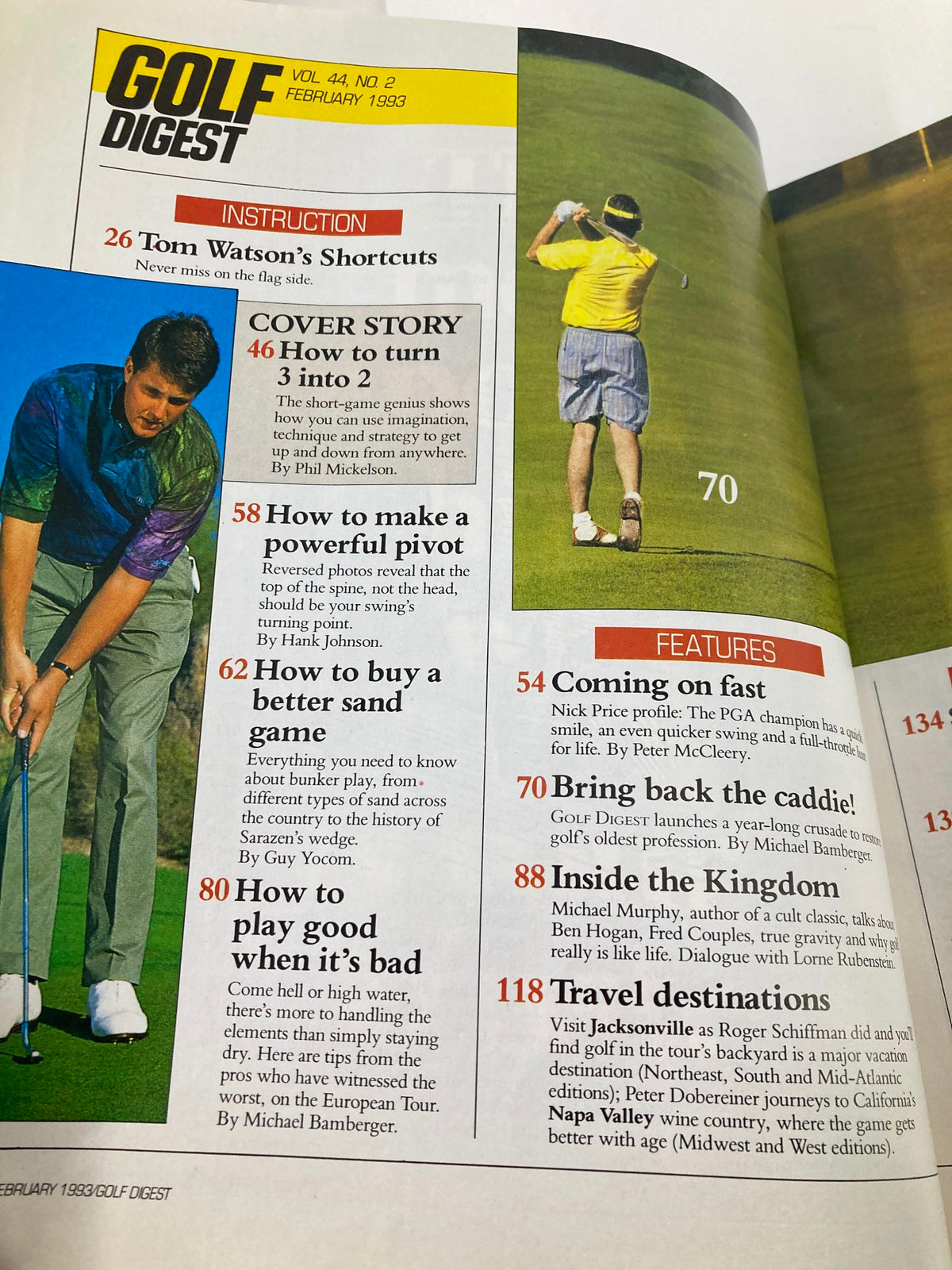 Page from Golf Digest Magazine February 1993 Vol 44 #2 displaying the table of contents, including the cover story on Phil Mickelson and sections on golfing tips and features from that month's issue.