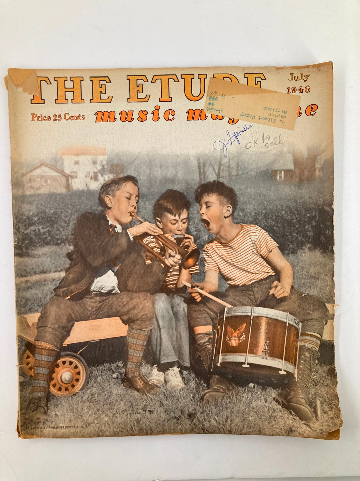 Cover of VTG Etude The Music Magazine July 1946 Vol 64 #7 featuring three boys playing musical instruments, reflecting the spirit of youth and music in post-war America.