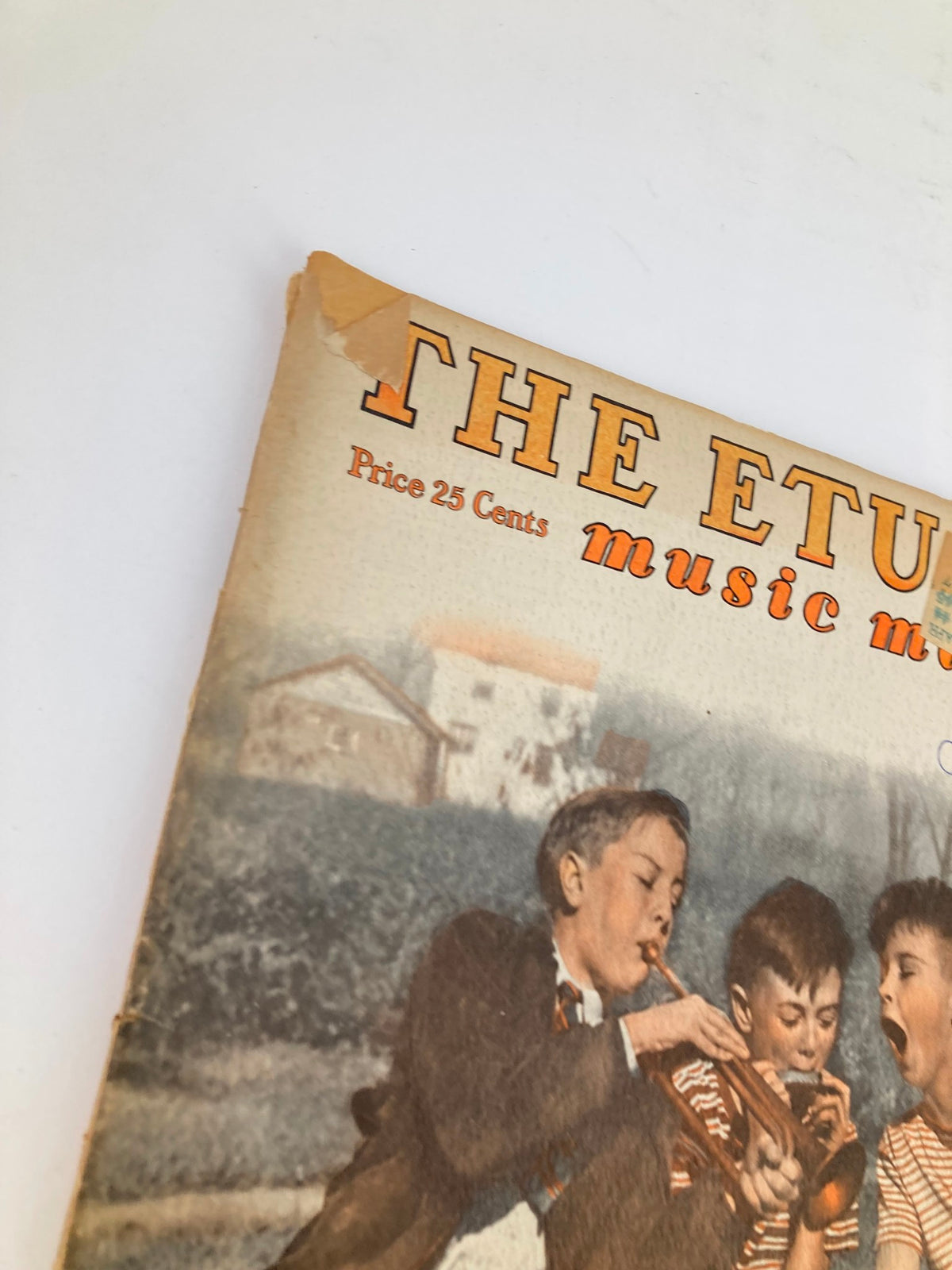 Close-up of the July 1946 issue of ETUDE The Music Magazine, showing the top corner with a tear, highlighting the vintage nature of this collectible.