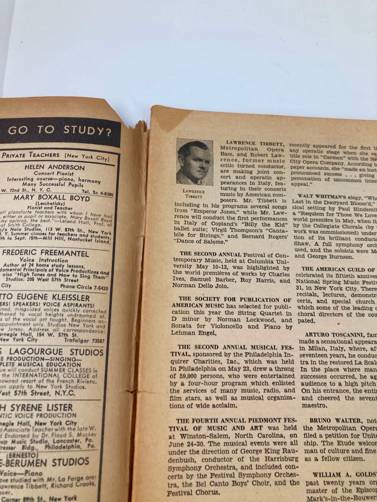 Interior page of the July 1946 ETUDE The Music Magazine featuring Lawrence Tibbett, a prominent figure in the opera world, enhancing the magazine's historical significance.