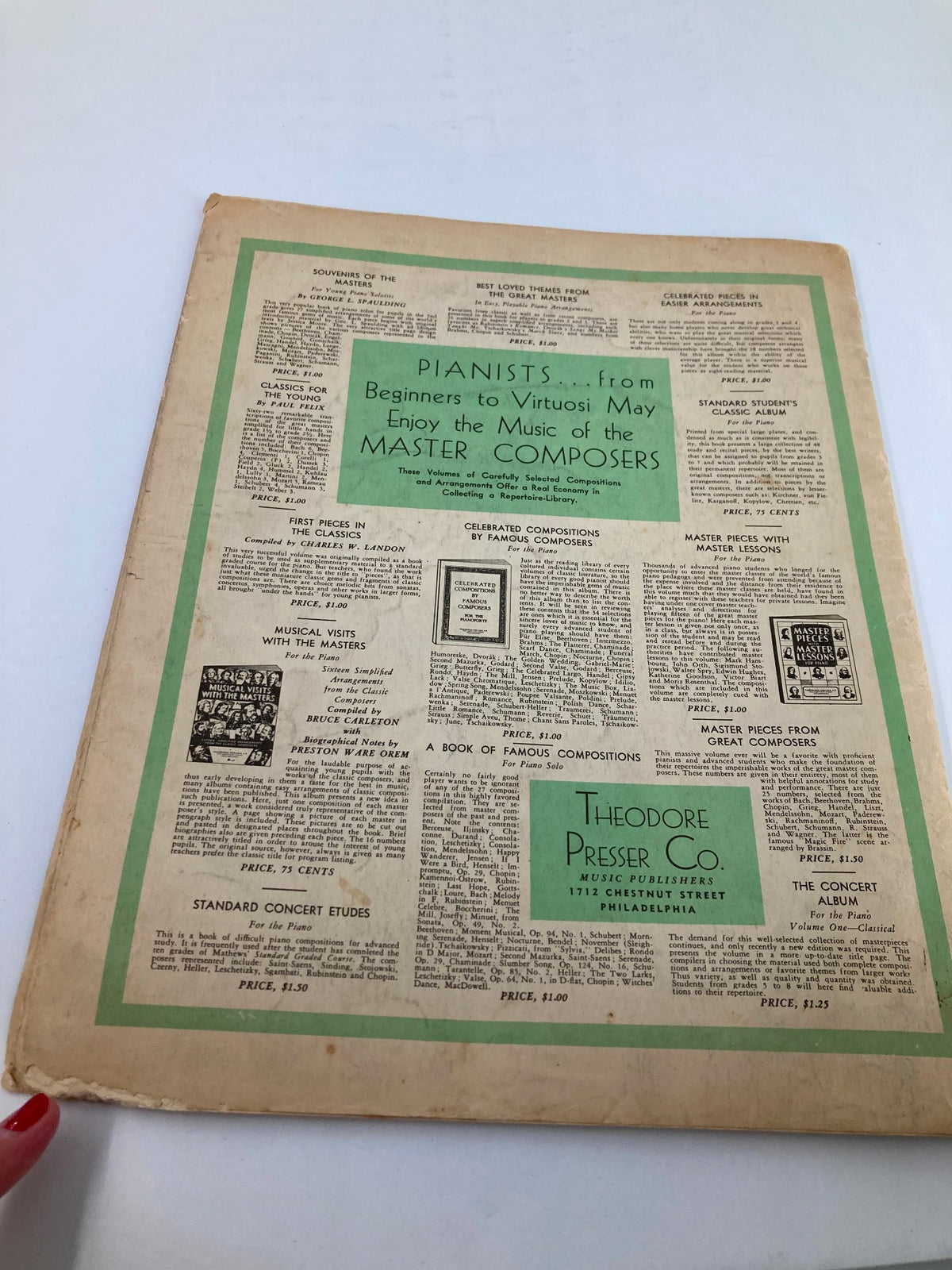 Back cover of VTG Etude The Music Magazine March 1939 Vol 57 #3 displaying advertisements for piano music and publications by Theodore Presser Co.