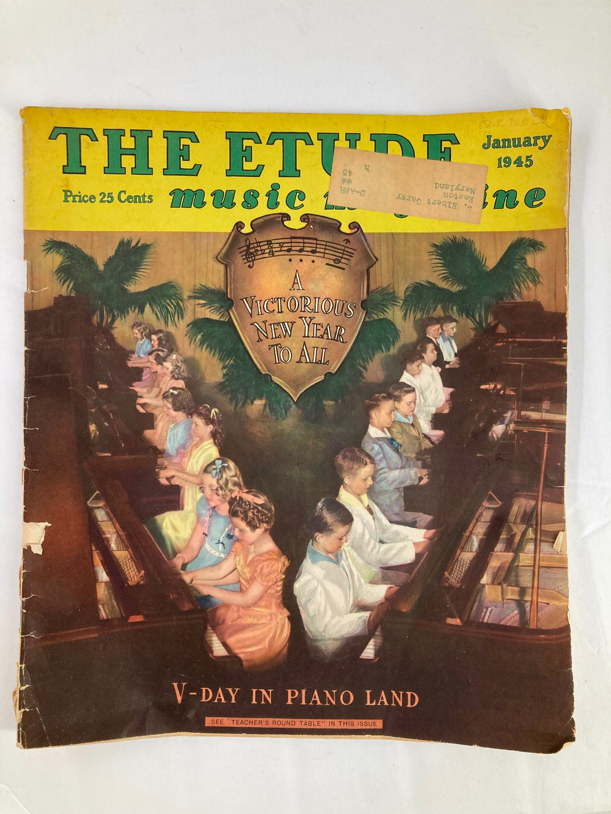 Cover of VTG Etude The Music Magazine January 1945 Vol 63 #1 V-Day in Piano Land featuring children playing piano in colorful dresses and suits, with a banner that reads 'A Victorious New Year To All.'