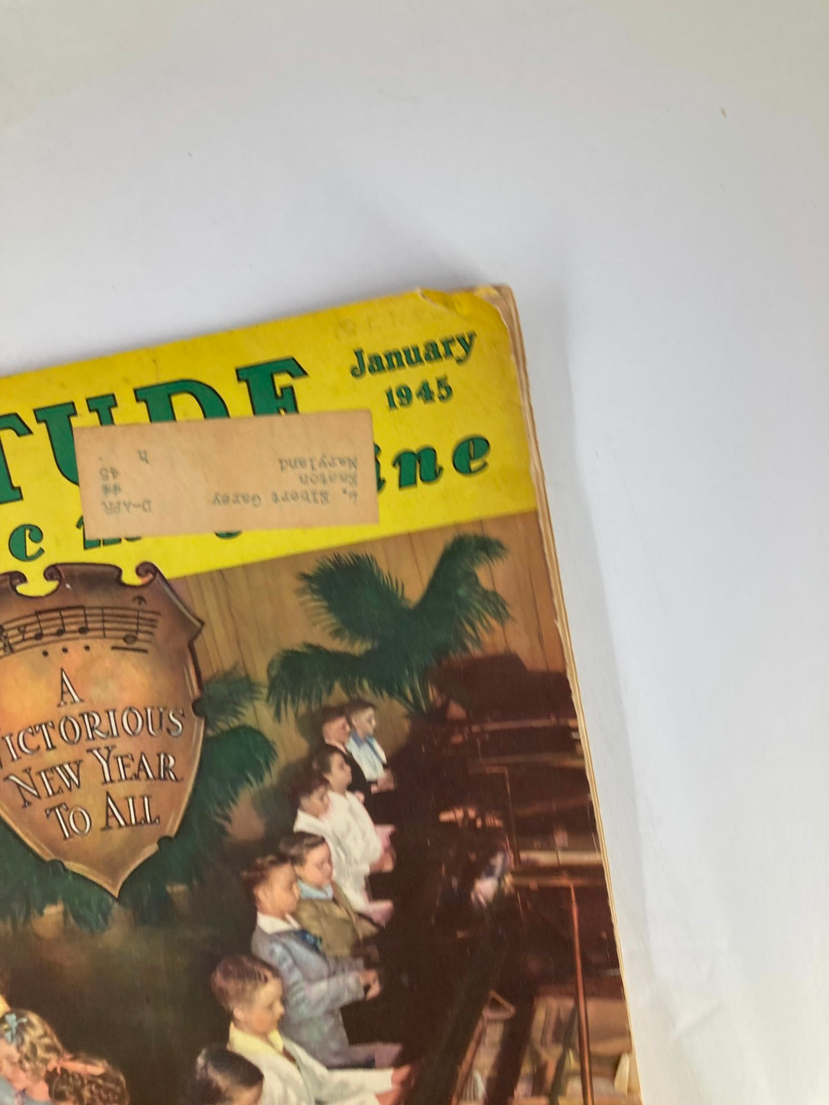 Cover of VTG Etude The Music Magazine January 1945 featuring a vibrant illustration celebrating music and a victorious New Year.
