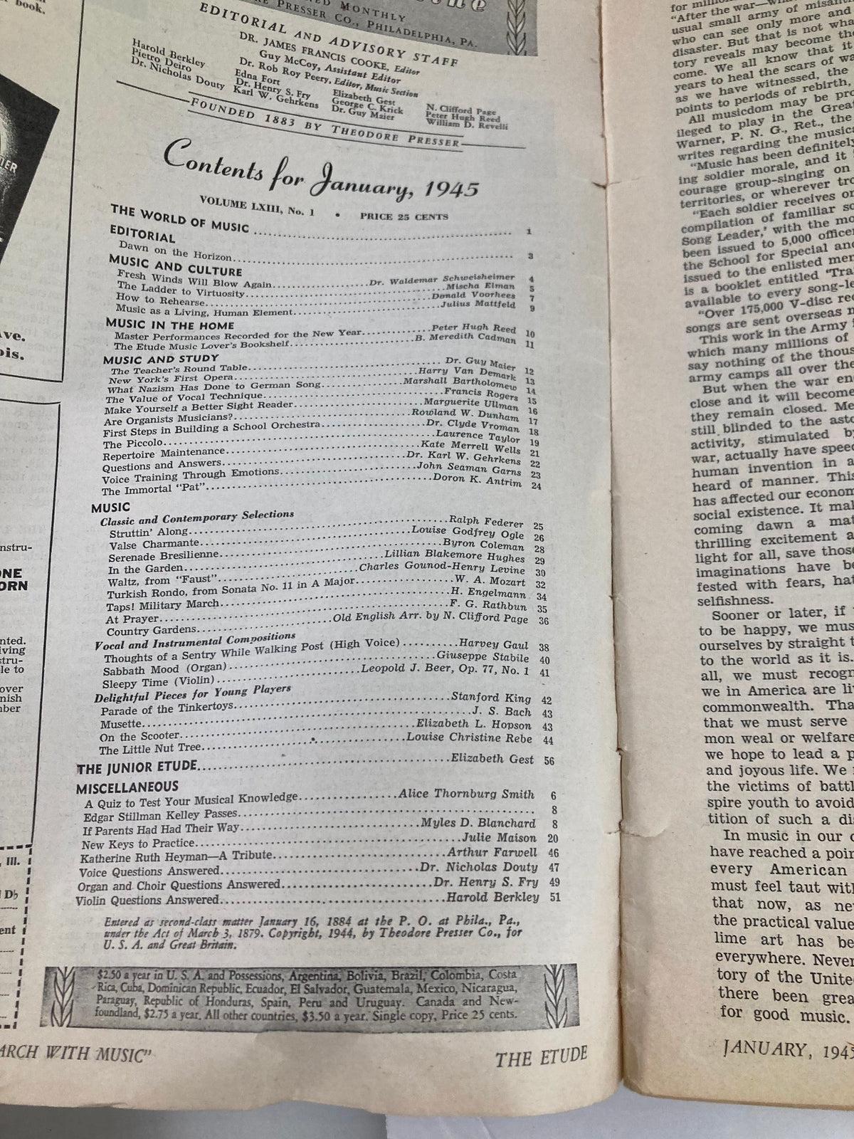 Contents page of VTG Etude The Music Magazine January 1945, showcasing articles and features about music and education.