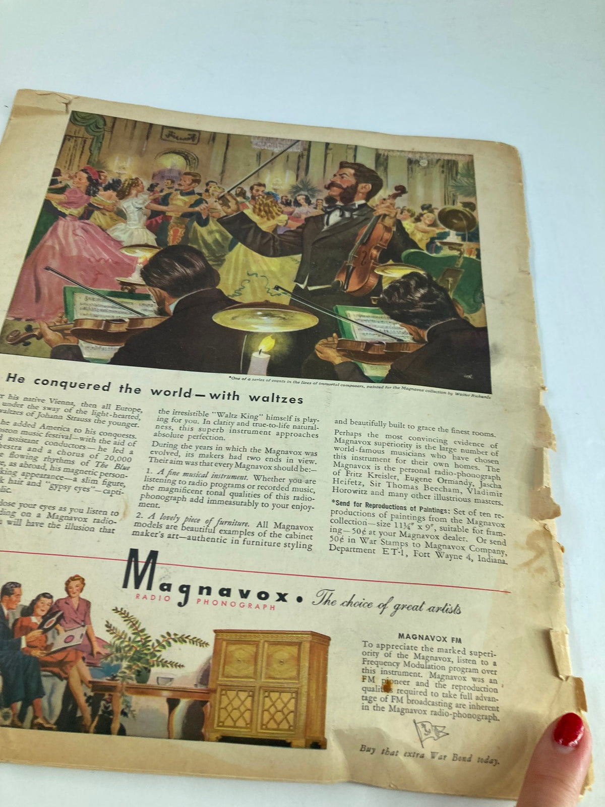 Advertisement from VTG Etude The Music Magazine January 1945 depicting a lively ball scene with musicians, emphasizing the cultural significance of music.