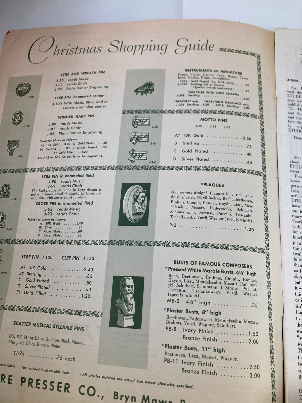 Interior page of VTG Etude The Music Magazine November 1952 displaying the Christmas Shopping Guide with musical gifts.