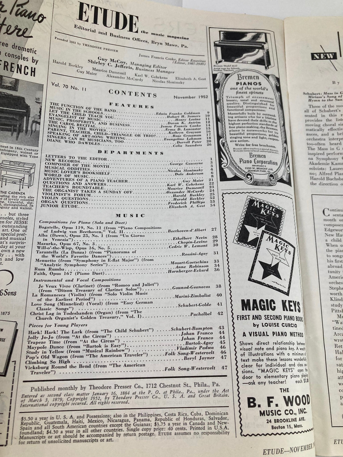 Contents page of VTG Etude The Music Magazine November 1952, outlining featured articles and topics in music.