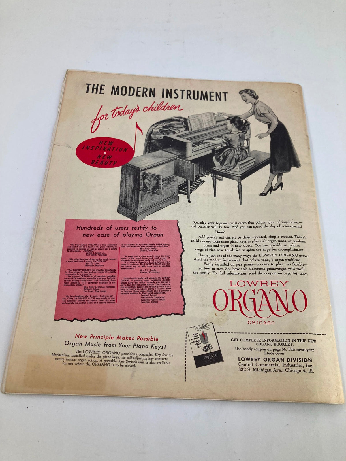 Advertisement page from VTG Etude The Music Magazine November 1952 promoting Lowrey Organo for children's music education.