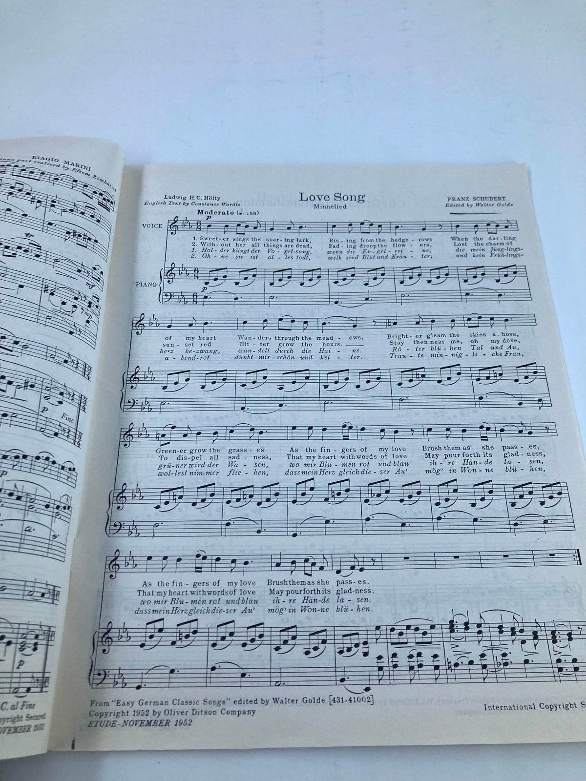 Sheet music from VTG Etude The Music Magazine November 1952 featuring 'Love Song' by Franz Schubert, highlighting lyrics and piano arrangement in a vintage format.