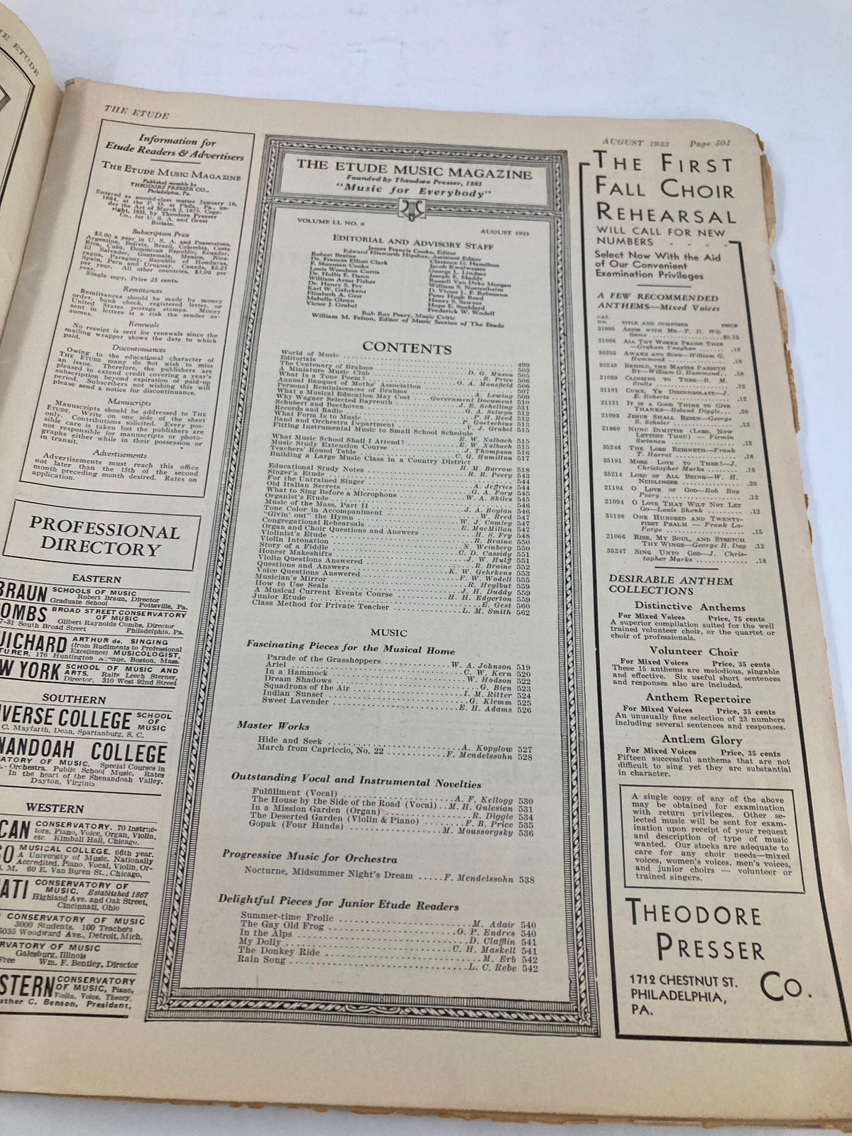 Contents page of VTG Etude The Music Magazine August 1933 listing various articles and music topics featured in the issue.