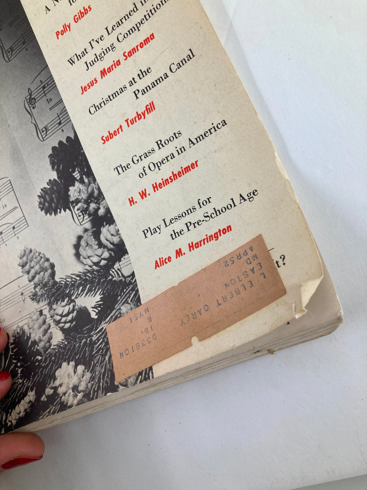 Close-up of the VTG Etude The Music Magazine December 1951 showing the edge of the cover with a label and Christmas themed details.
