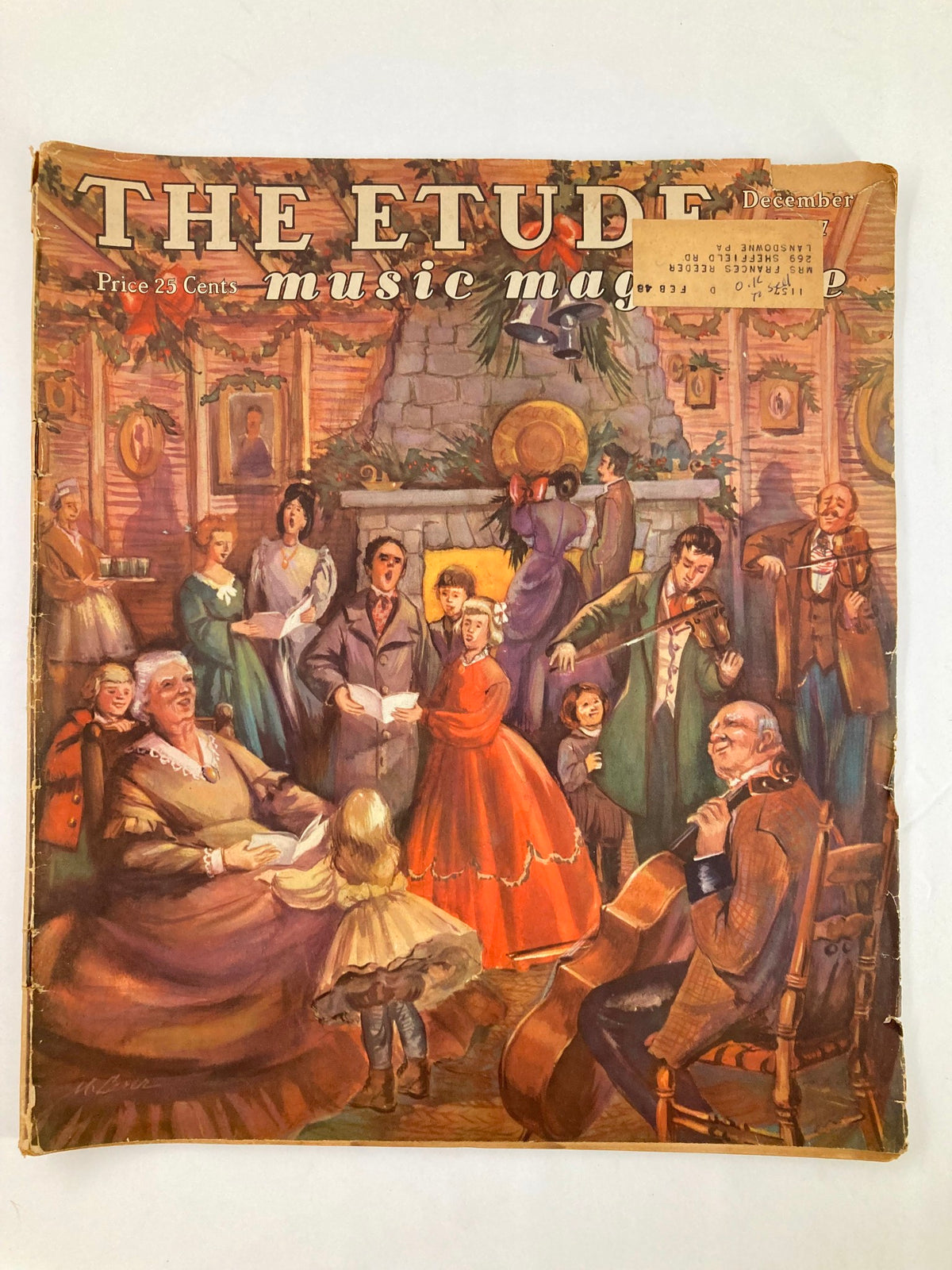 VTG Etude The Music Magazine December 1947 Vol 65 #12 featuring a vintage illustration of a festive holiday gathering around a fireplace, with people singing carols and celebrating the season.
