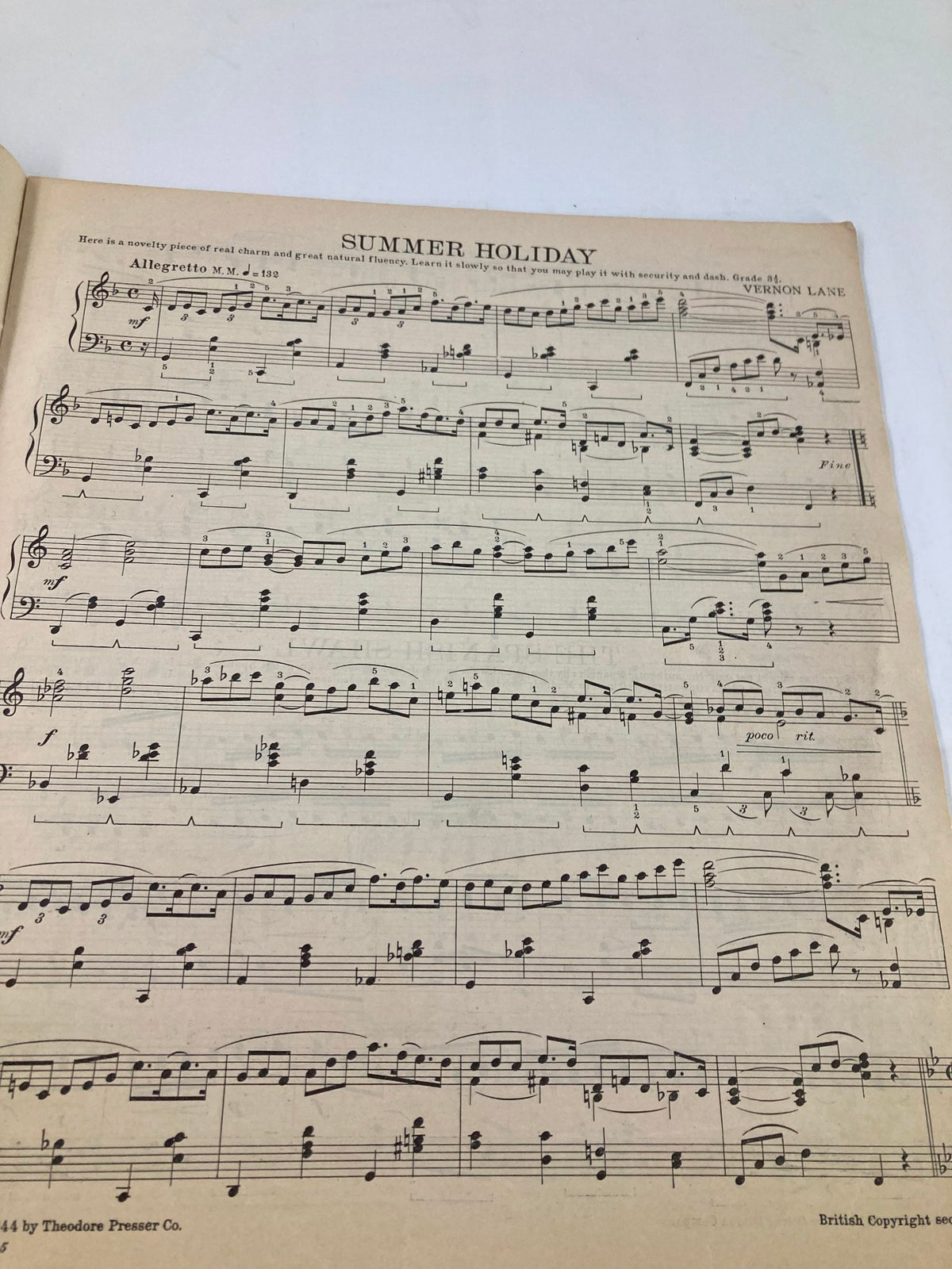 Sheet music titled 'Summer Holiday' from VTG Etude The Music Magazine, August 1945, composed by Vernon Lane.