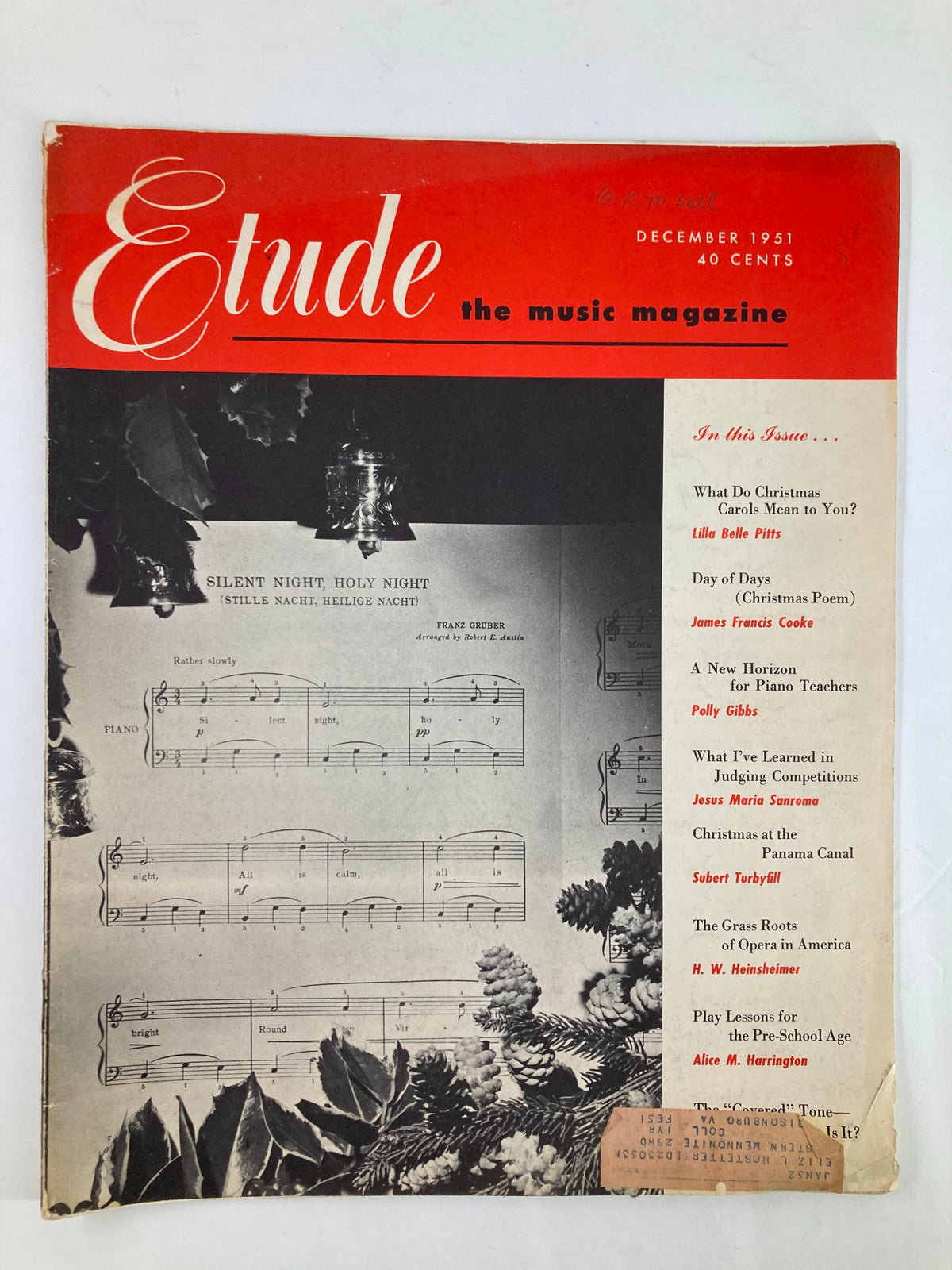 Cover of VTG Etude The Music Magazine December 1951 Vol 69 #12 featuring 'Silent Night, Holy Night' sheet music and articles including The Grass Roots.
