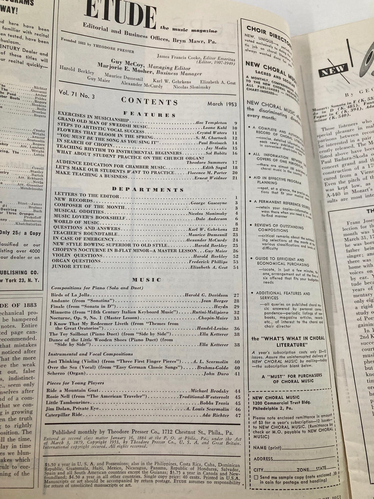 Contents page of VTG Etude The Music Magazine March 1953 Vol 71 #3 featuring articles including exercises in musicianship and the main theme 'In Search of Chopin'.