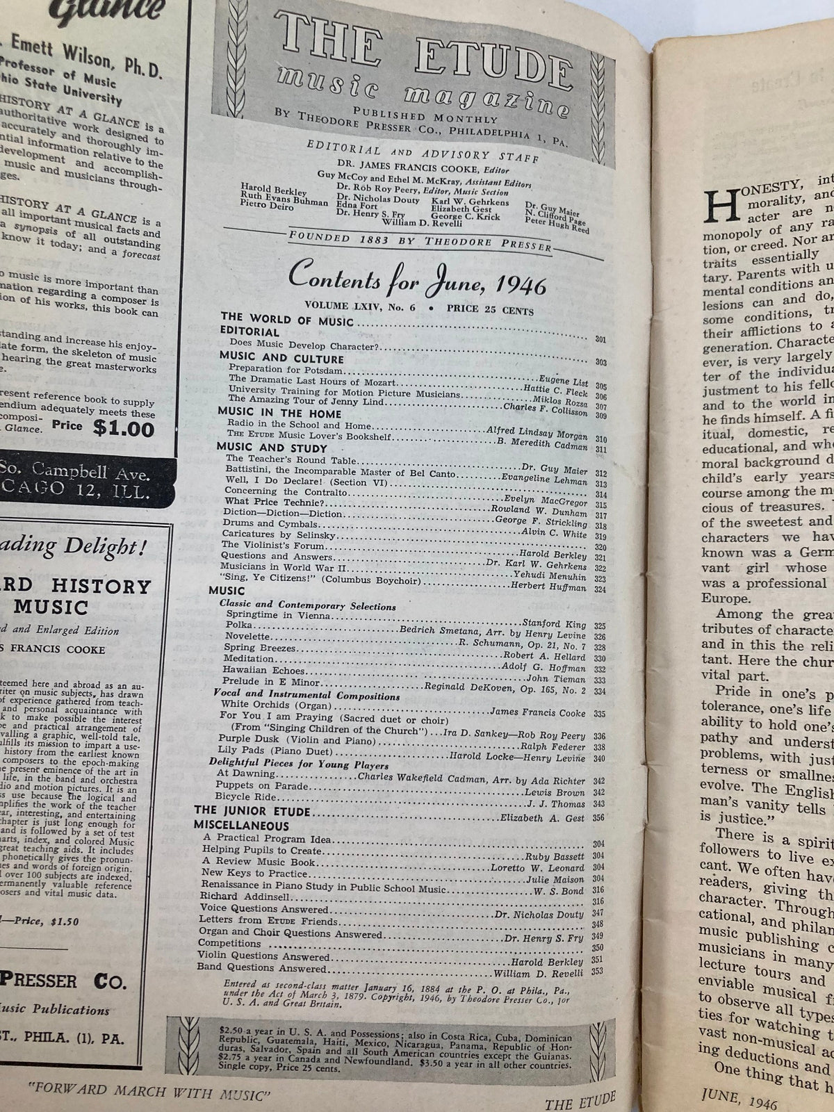 Contents page of VTG Etude The Music Magazine June 1946 Vol 64 #6 featuring articles on music and culture, showcasing editorial staff and pricing.