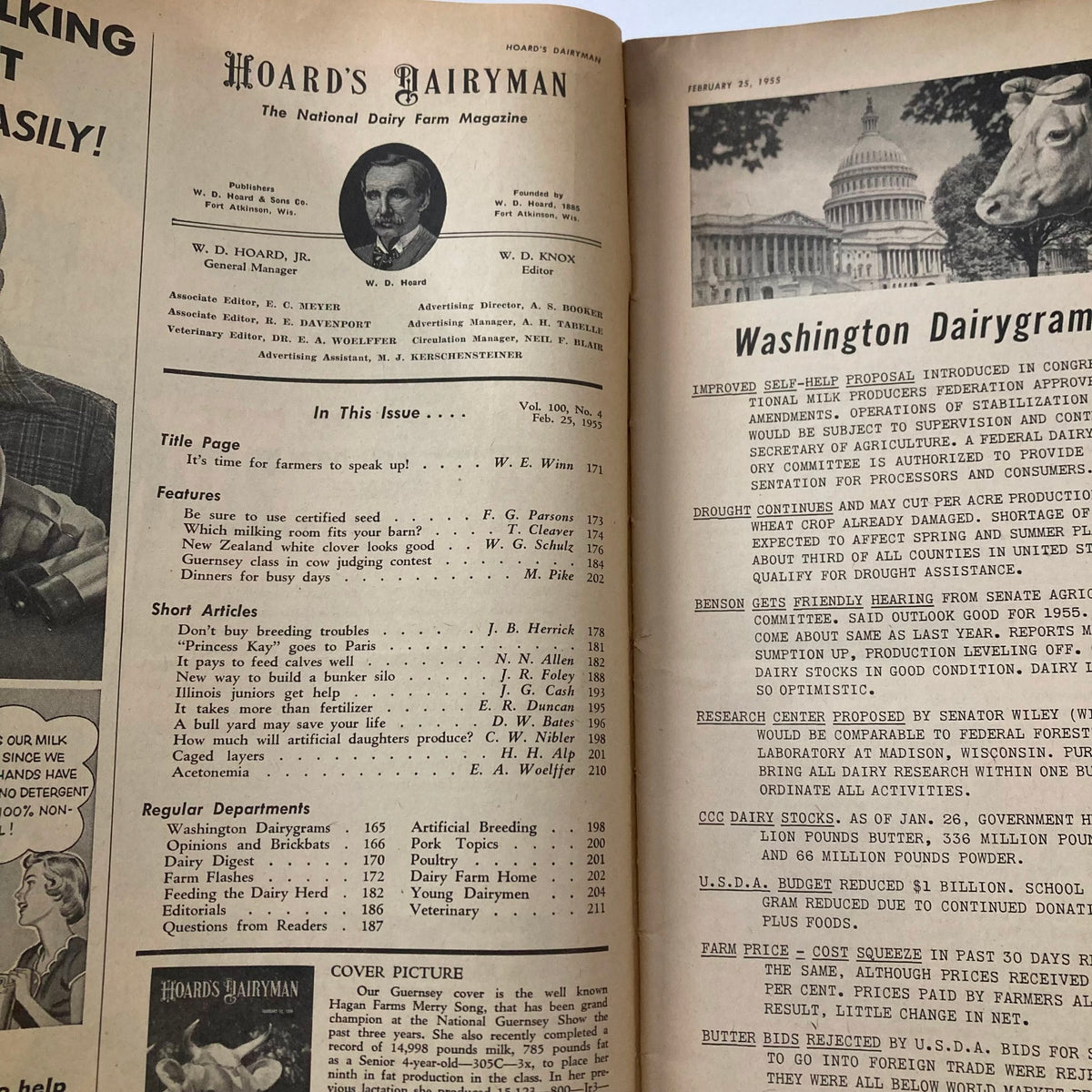 Inside page of VTG Hoard's Dairyman Magazine February 25, 1955, showing the table of contents and features including Dinners for Busy Days.