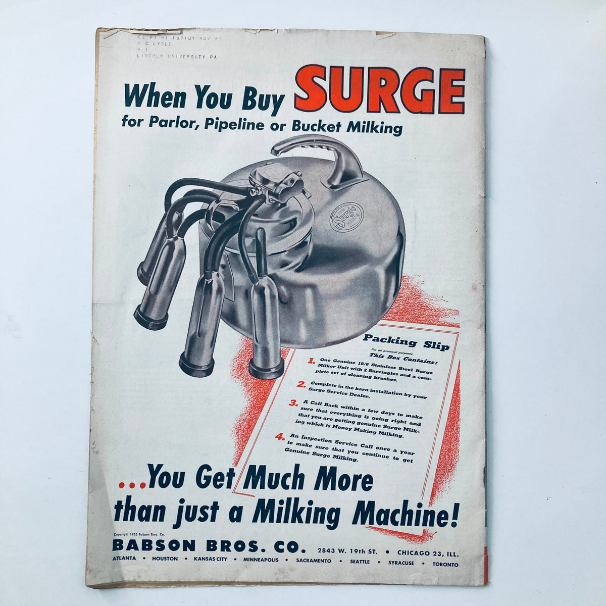 Advertisement page from VTG Hoard's Dairyman Magazine February 25, 1955, promoting the Surge milking equipment.