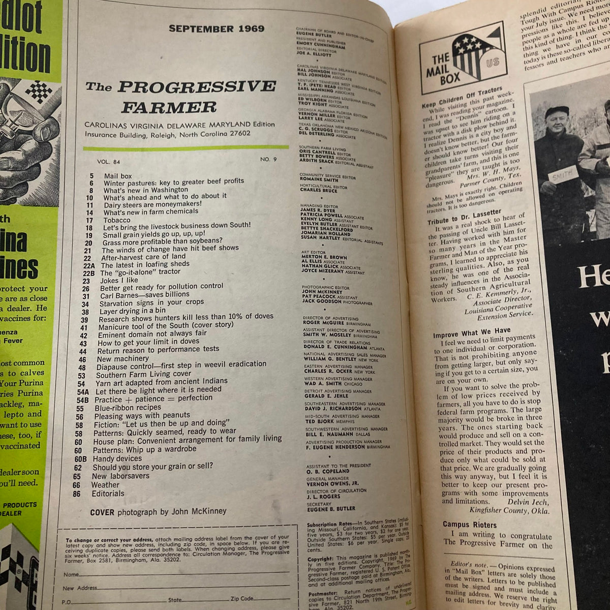 Inside page of VTG The Progressive Farmer Magazine September 1969 displaying the table of contents and various article titles related to farming, showcasing historical agricultural practices.