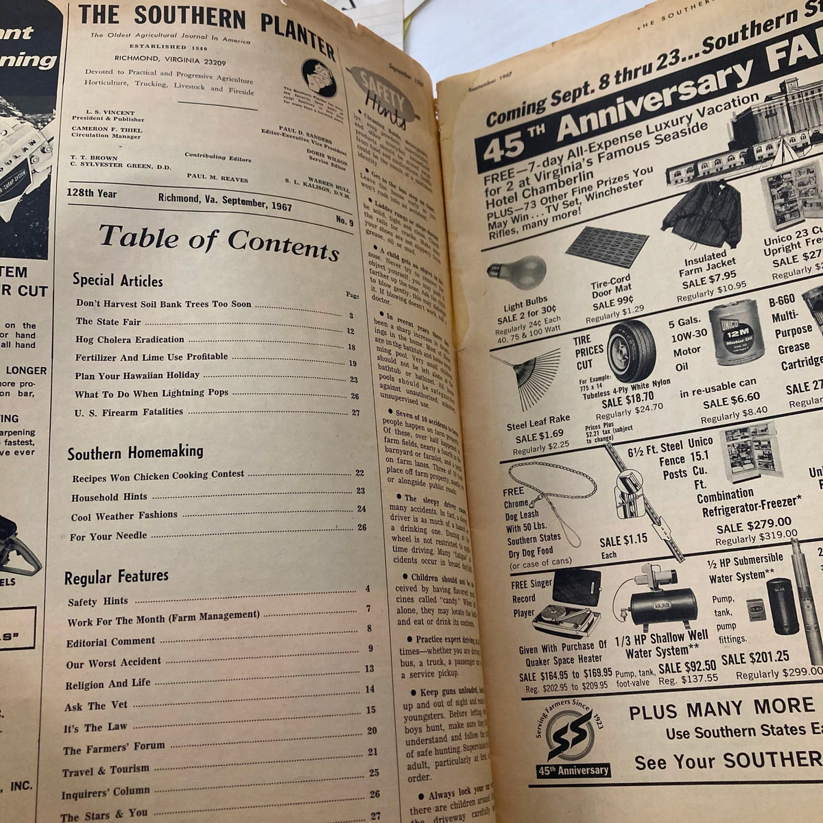 Inside page of VTG The Southern Planter Magazine, September 1967, displaying the table of contents and outlining featured articles relevant to farming and homemaking.