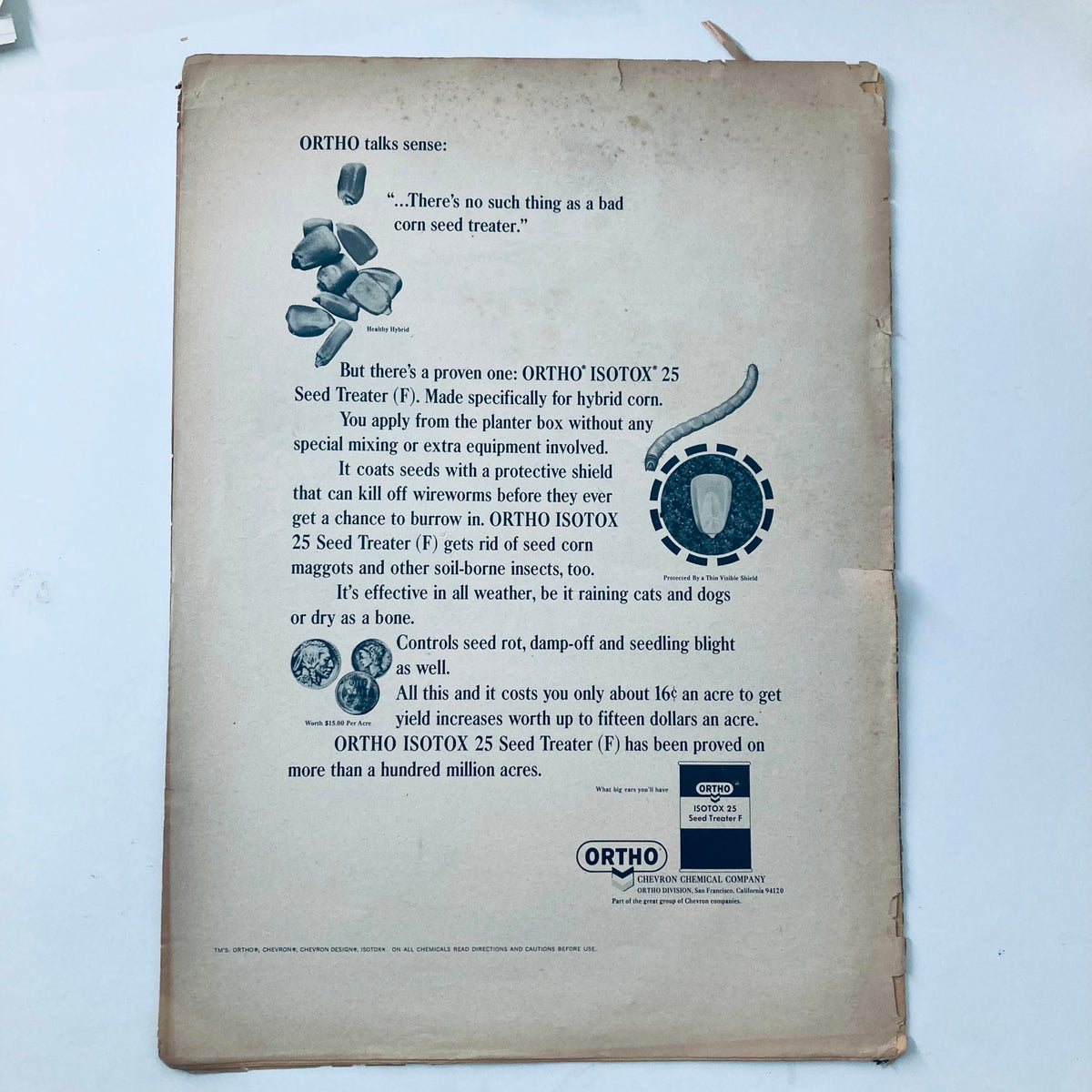Back cover of the VTG The Southern Planter Magazine February 1967, featuring an advertisement for ORTHO ISOTOX 25 Seed Treater, highlighting its features and benefits for hybrid corn.
