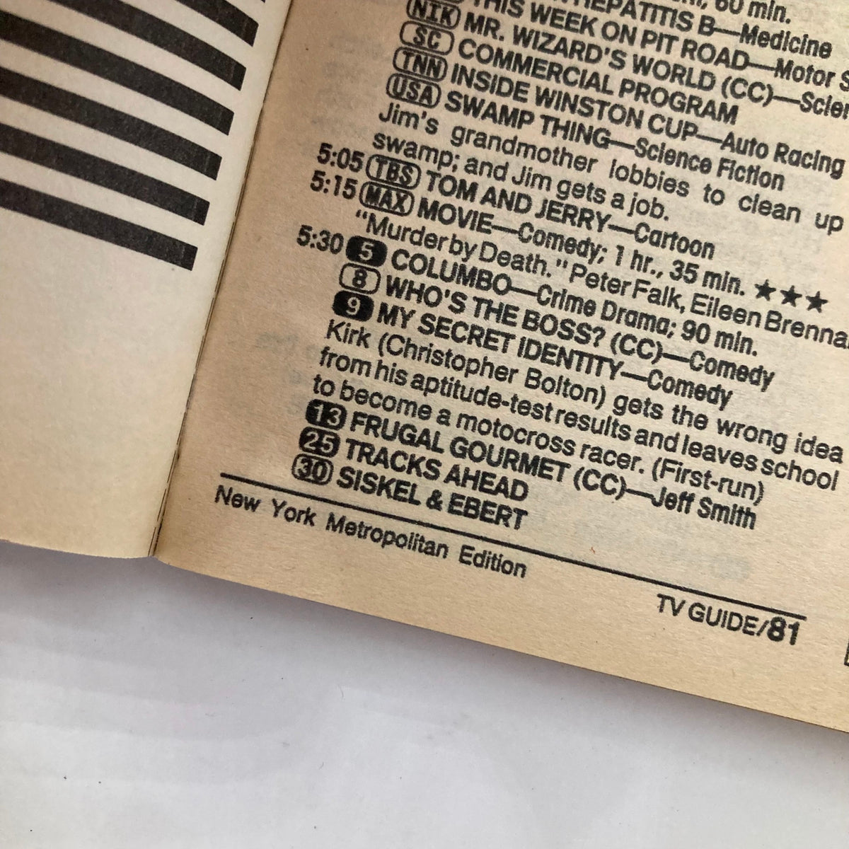Inside page of TV Guide Magazine October 13 1990 NY Metro Edition displaying a television schedule including listings for 'Columbo,' 'Who's the Boss?' and 'Siskel & Ebert'.