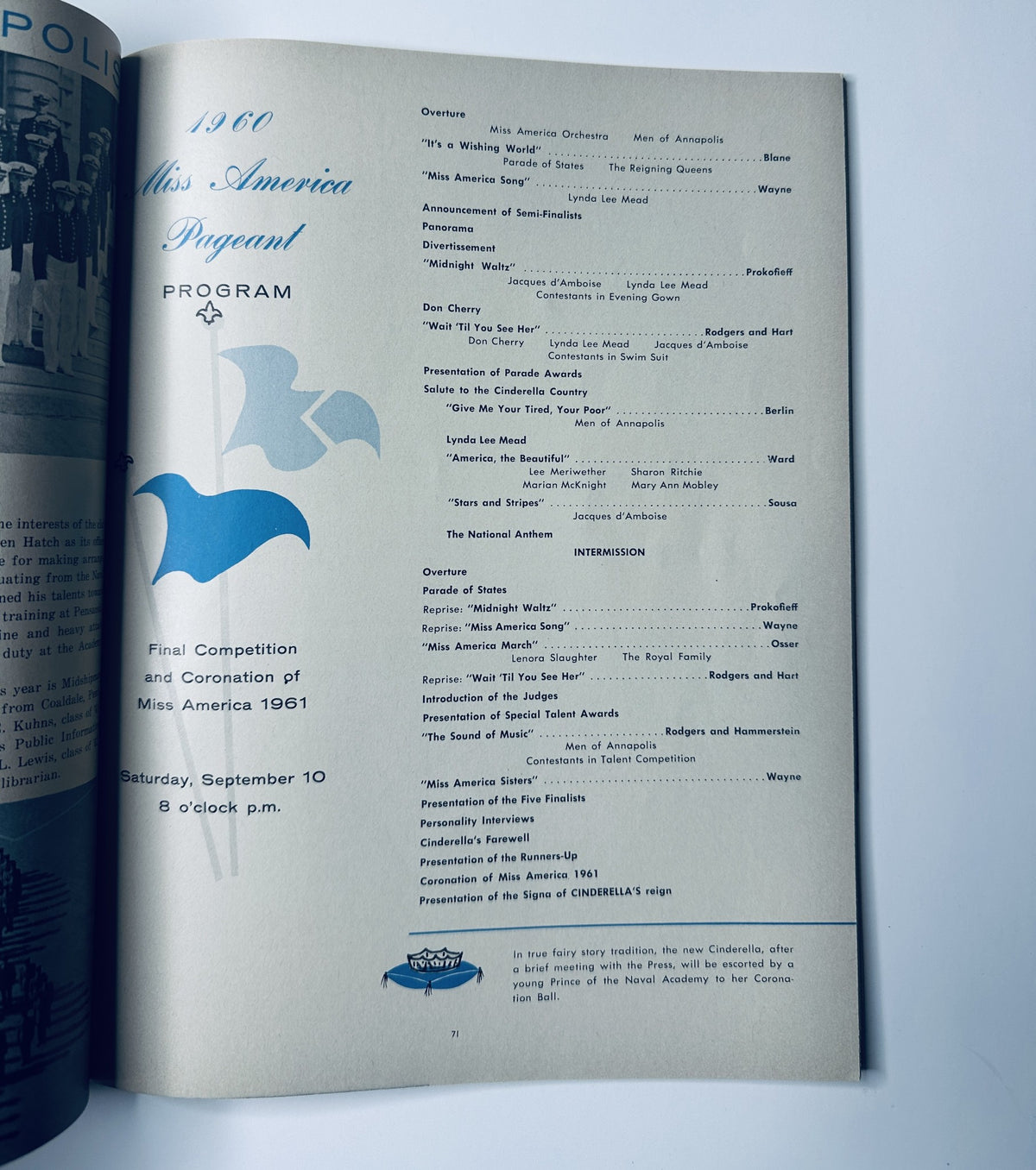 Interior page of the 1960 Miss America Pageant Royal Reunion Program displaying the program details for the final competition and coronation of Miss America 1961.