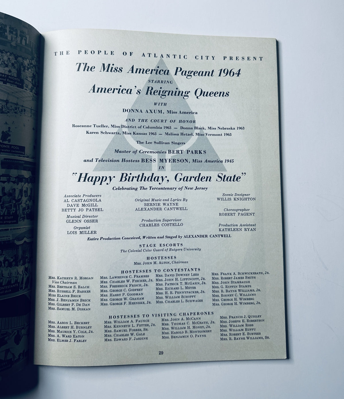 Inside page of the Miss America Pageant 1964 magazine, showcasing the event's program details featuring America's Reigning Queens, with Donna Axum as Miss America and Bert Parks as Master of Ceremonies.