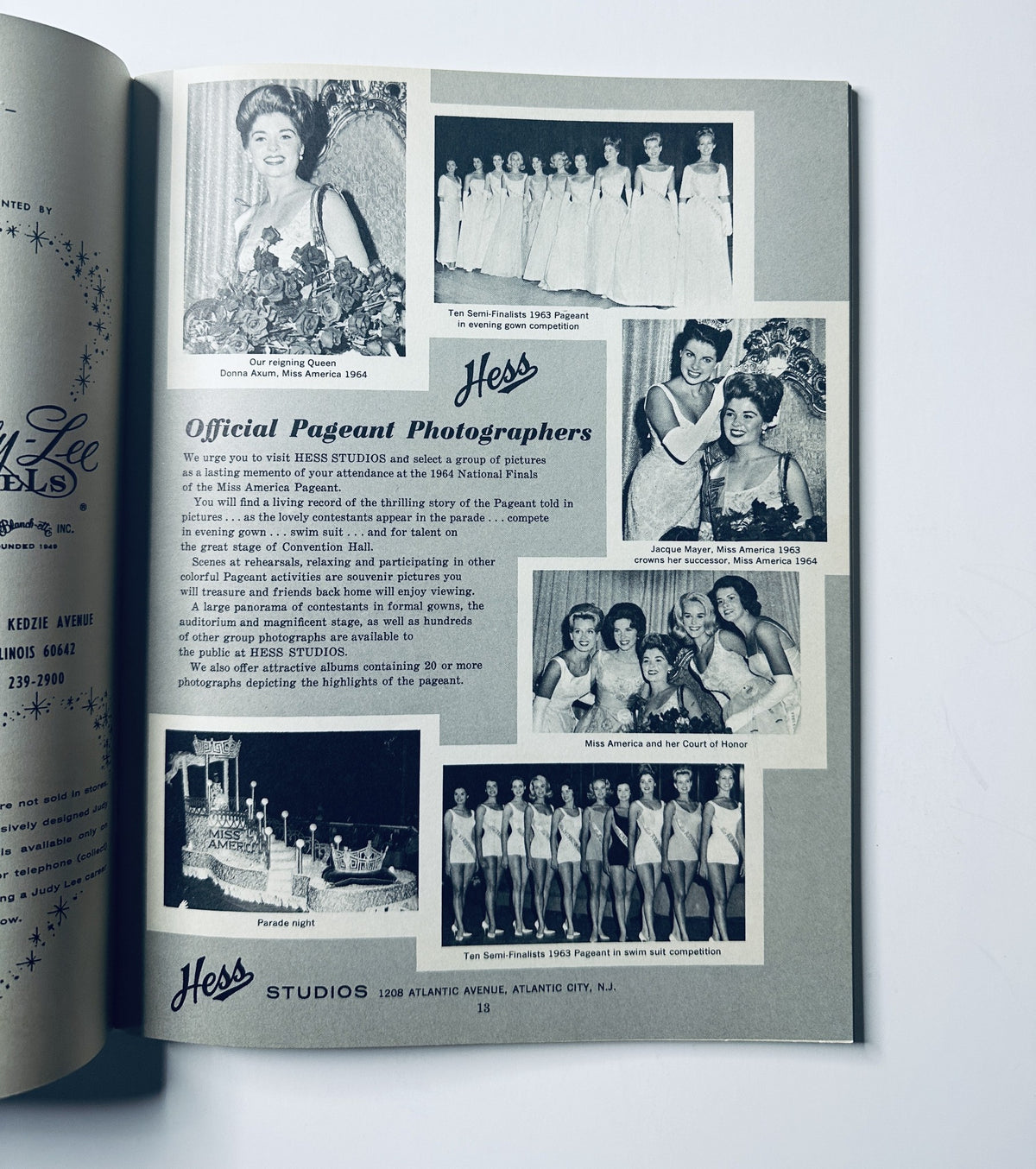 Another inside page of the Miss America Pageant 1964 magazine, featuring Hess Studios as the official photographers and highlighting pageant events and participants, including photos from previous pageants.